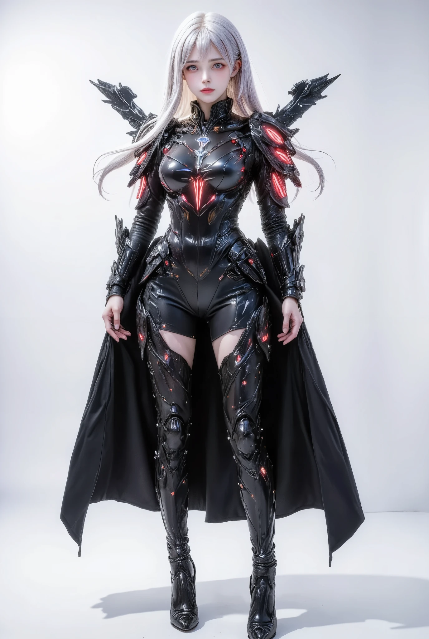 Create an anime-style character with long white hair and red eyes. The character is wearing a sleek black full body catsuit and long black sleek long half skirt. Costume has dark red accents on the shoulders armor and red led on armor. The outfit has a modern design, featuring a high collar. The character has a confident stance, standing with hands relaxed, looking viewer. The background should be plain white to emphasize the character. the wind made her hair and flap of her skirt flutter. Cool, cold emotion. full body image. She has two black futuristic mechanical wings on her back and wear high heels attached to her catsuit