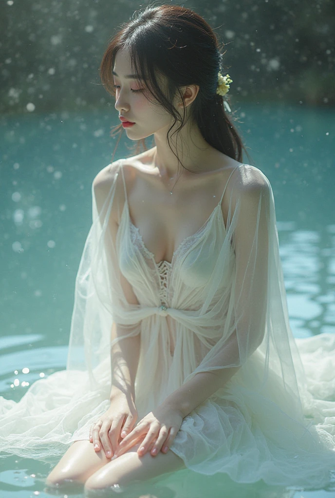 est quality,ultra-detailed),(realistic:1.37),transparent water,blue butterfly,beautiful detailed eyes,beautiful detailed lips,sparkling,airy,ethereal,soft sunlight,calm,serene,white gauze skirt,vivid colors, back turn, detailed face, detailed eyes, detailed hands