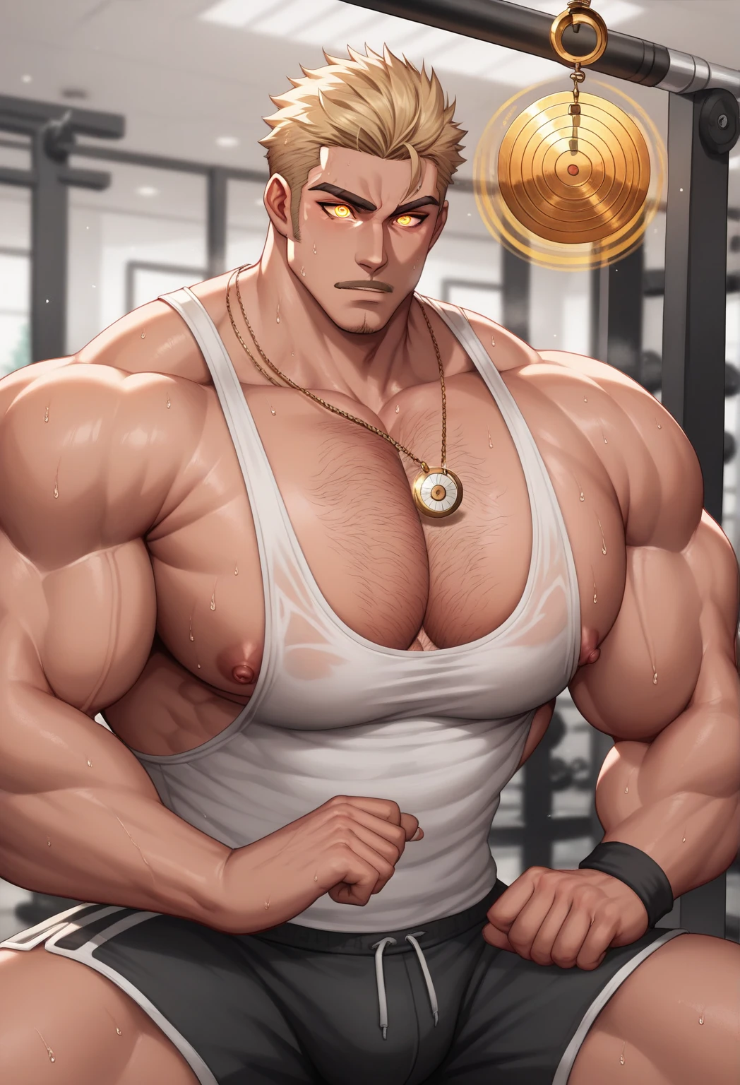 Renji Abarai alone in the gym, staring at golden pendulum, stringer tanktop, gym shorts, muscular, muscles, big biceps, broad shoulders, massive pecs, sweaty, hairy chest, glowing golden spiral in the eyes, blank expression, vacant stare, hypnotized, brainwashed, focused, High Resolution