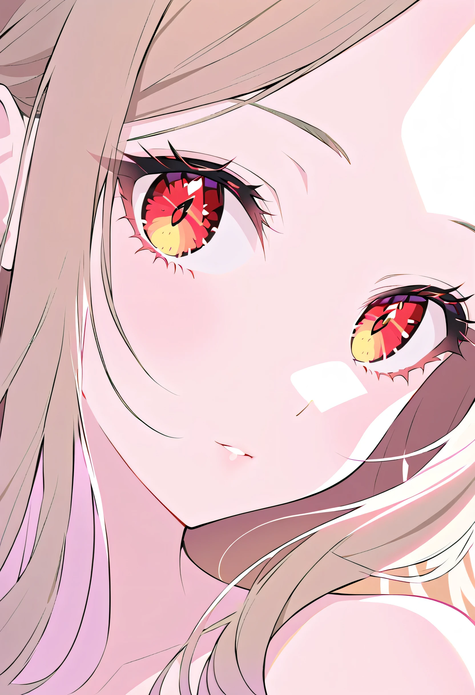 She has mesmerizing deep red irises with a soft gradient transitioning into a warm light brown near the edges. Her eyes shimmer with a subtle glossy reflection, making them appear vibrant and lifelike. The gradient effect gives her gaze a unique, ethereal charm. Her eyelashes are long and curled, enhancing the depth of her captivating eyes.