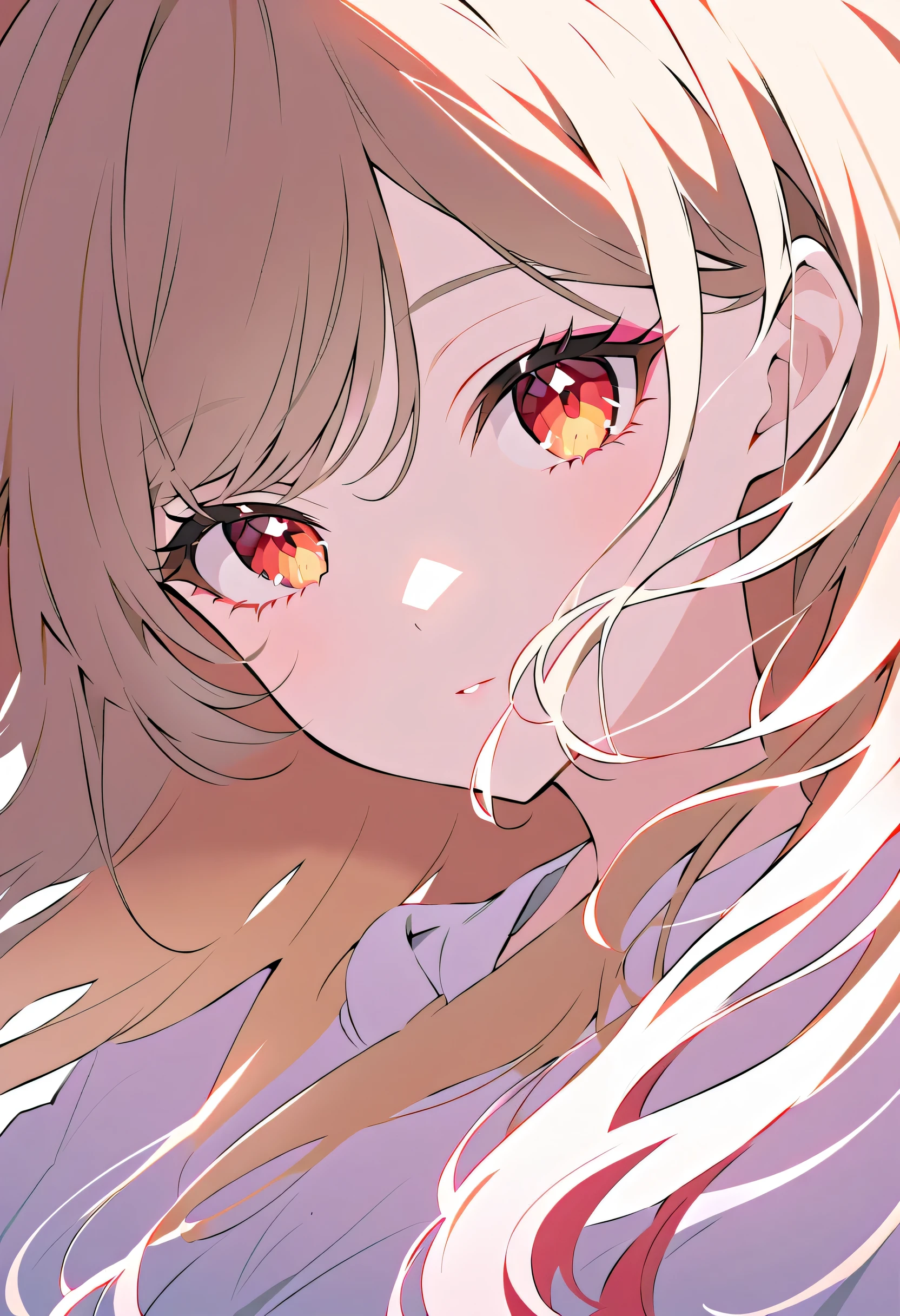 She has mesmerizing deep red irises with a soft gradient transitioning into a warm light brown near the edges. Her eyes shimmer with a subtle glossy reflection, making them appear vibrant and lifelike. The gradient effect gives her gaze a unique, ethereal charm. Her eyelashes are long and curled, enhancing the depth of her captivating eyes.