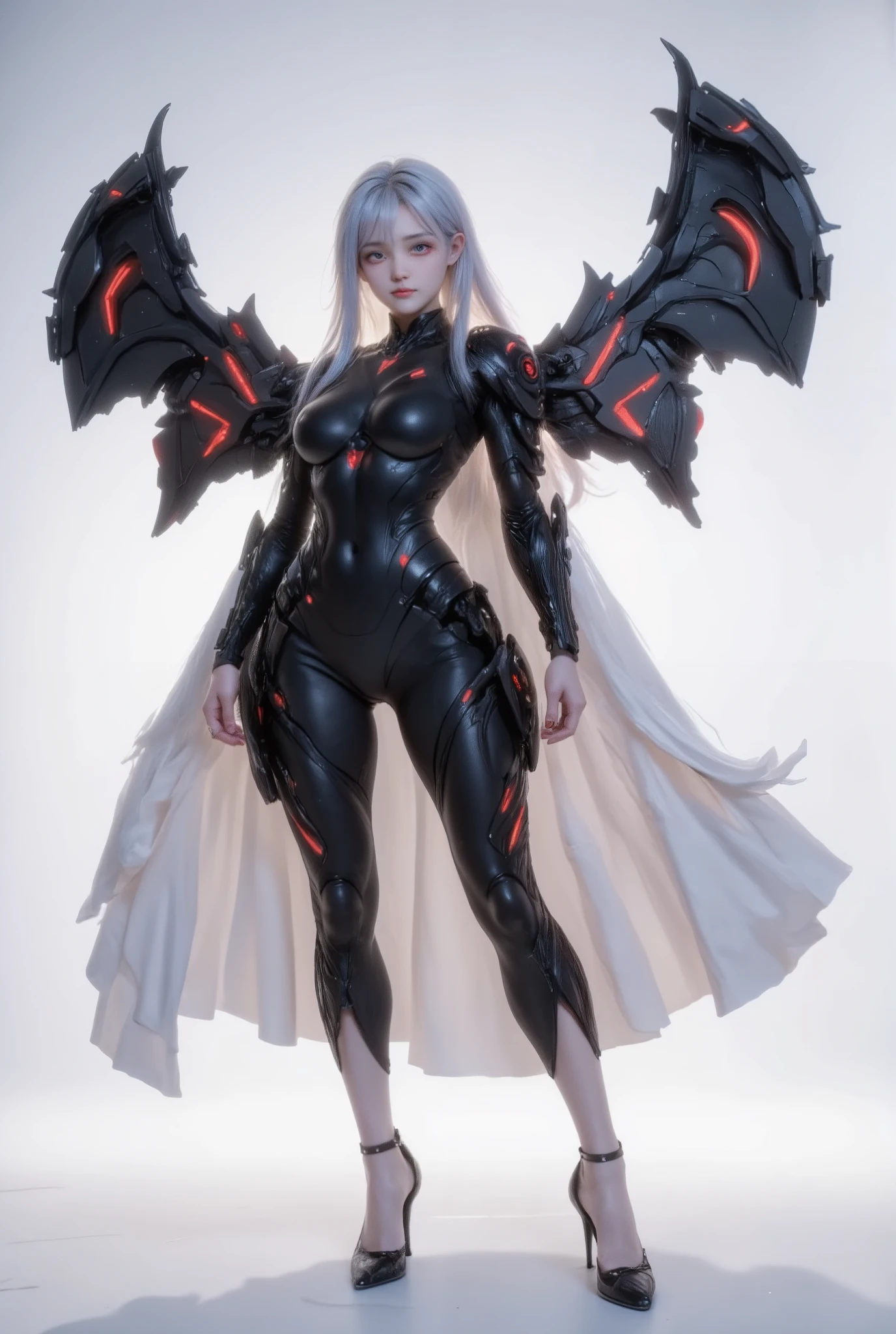 Create an anime-style character with long white hair and red eyes. The character is wearing a sleek black full body catsuit and long black sleek long half skirt. Costume has dark red accents on the shoulders armor and red led on armor. The outfit has a modern design, featuring a high collar. The character has a confident stance, standing with hands relaxed, looking viewer. The background should be plain white to emphasize the character. the wind made her hair and flap of her skirt flutter. Cool, cold emotion. full body image. She has two black futuristic mechanical wings on her back and wear high heels attached to her catsuit