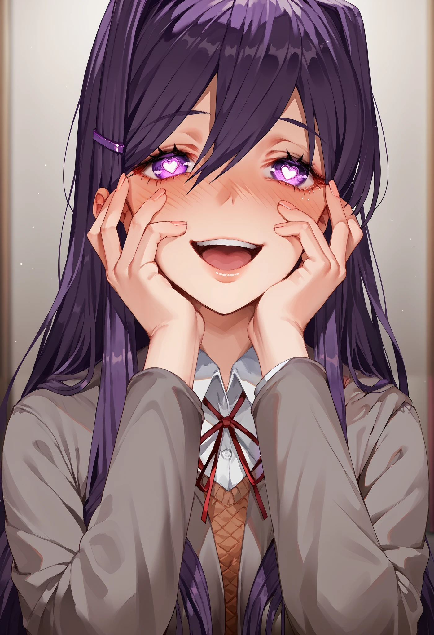 score_9, score_8_up, score_7_up, source_anime, yuri (doki doki literature club), hair ornament, hairclip, long hair, purple eyes, purple hair, hair intakes, hair between eyes, sidelocks, large breasts,, heart in mouth, open mouth, heart, yandere trance, yandere, hands on own cheeks, hands on own face, crazy eyes, crazy smile, crazy, heart-shaped pupils, glowing eyes, symbol-shaped pupils, hand on own face, open mouth, glowing, blush, looking at viewer,,