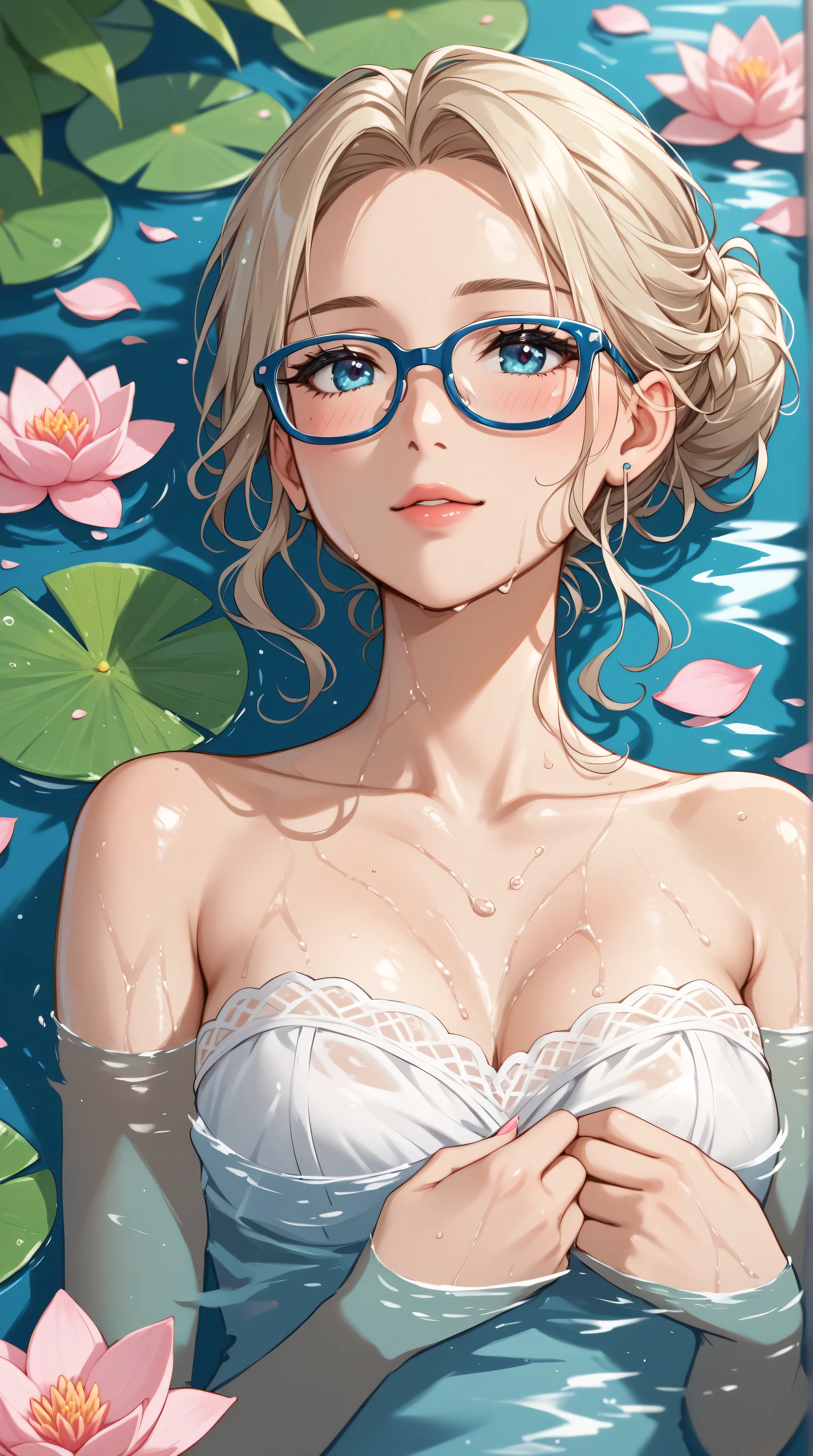 Masterpiece, Best Quality, Top Quality, Very Detailed, A breathtaking anime-style illustration of a young woman relaxing in a tranquil flower-filled bath. She has dark, wet hair tied in a loose bun, with a few strands framing her delicate face. She wears thin-rimmed glasses, slightly fogged by the warm steam. Her expression is serene yet slightly teasing, with soft lips slightly parted. She is dressed in a wet, semi-transparent white blouse that clings to her skin, revealing the contours of her collarbone and shoulders. The water is a deep, enchanting blue, illuminated by floating pink lotus flowers and scattered petals, reflecting soft light. Gentle ripples form around her as she leans back, lost in the peaceful moment.