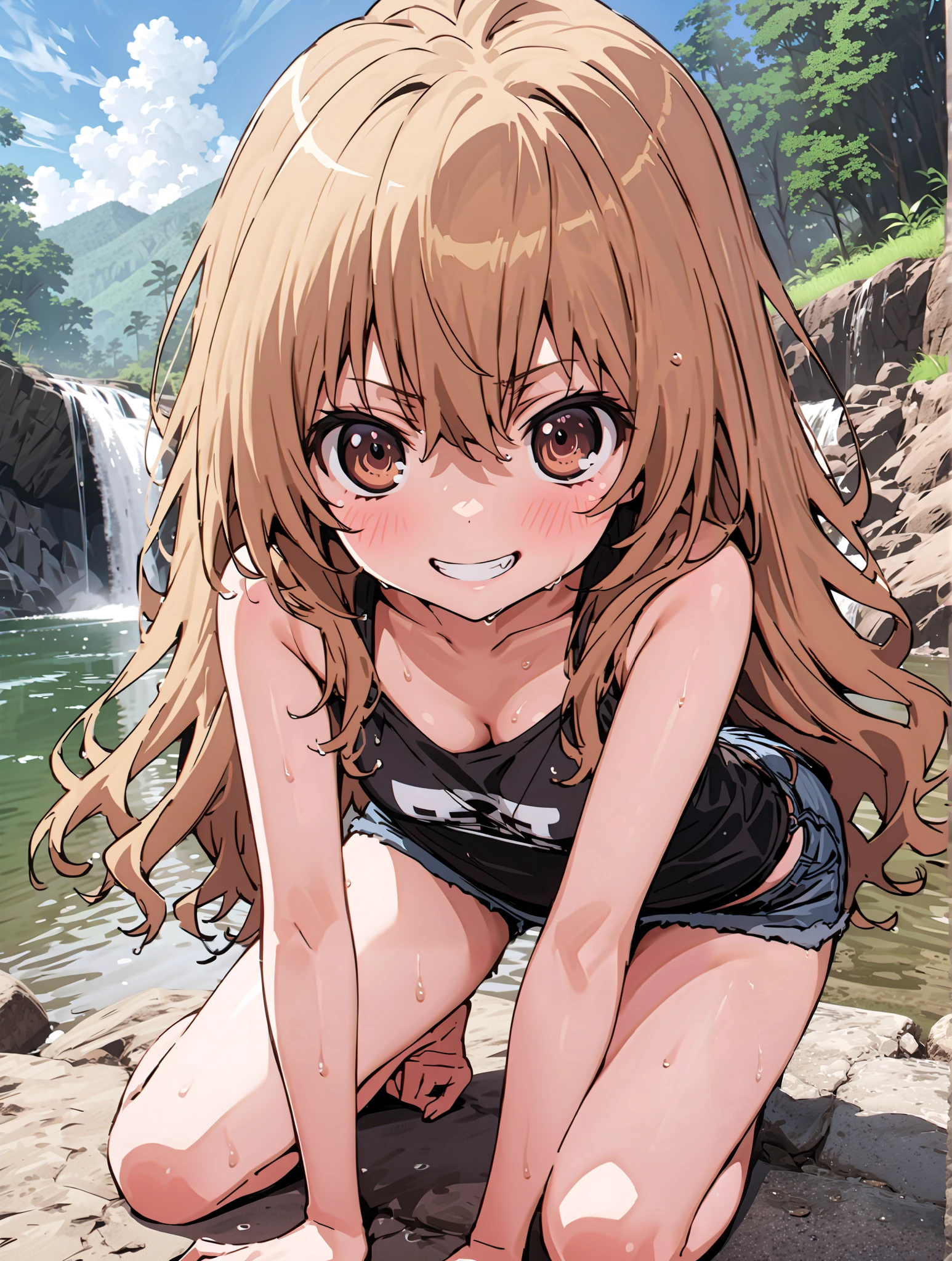 score_9, score_8_up, score_7_up, source_anime,
Taigaisaka, Aisaka Taiga,Alone, long hair, brown hair, brown eyes,ponytail,smile, grin ,Black T-shirt,belly button sticking,Tie the hem of the shirt,denim micro shorts,Bare legs,wet skin,wet hair, wet clothes,in line of sight,river,Mountain,forest,waterfall,river遊び, playing in the water,full bodyがイラストに入るように,
break outdoors, nature,
break looking at viewer,full body,
break (masterpiece:1.2),top quality , kampala, Unity 8K Wallpaper ,(shape:0.8),( fine, beautiful eyes :1.6),It's a person ,full body写真,CG Details , (perfect hands with full nudity, complete anatomy),