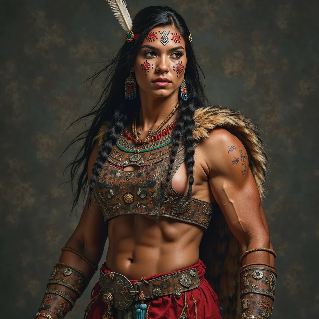 Masterpiece, 55 year old Amazon warrior Woman, gray hair, wearing a loincloth bikini and loincloth top, with a quiver of arrows on her back, holding an archery bow, athletic, realistic, standing in front of 3 defeated space girls