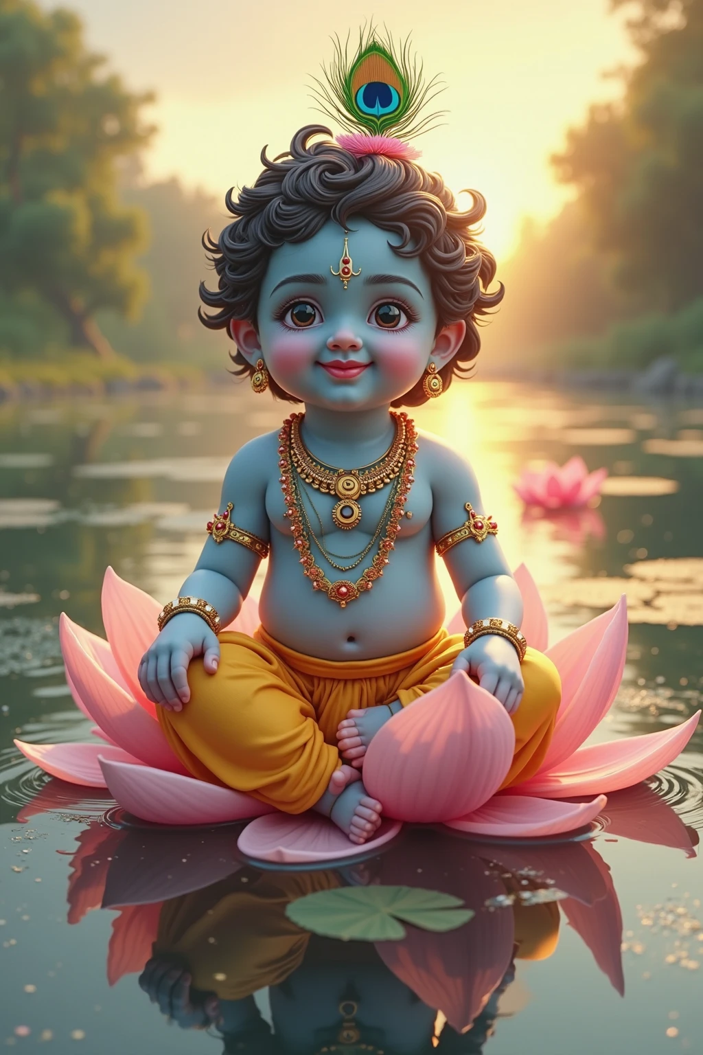 A baby image of god Krishna from Hindu mythology. He must be sitting in a garden or some where pleasant. He is light blue in colour