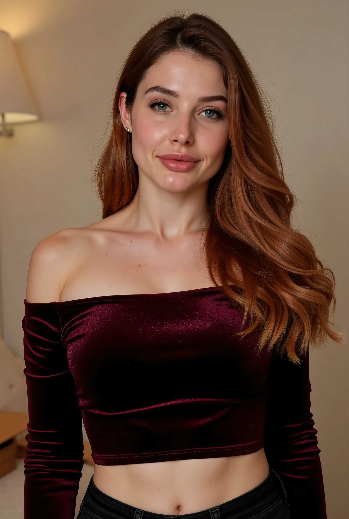 a photograph of haylee. The image is a photograph of a young woman standing indoors in what appears to be her bedroom. She is of Caucasian descent, with a light skin tone and long, wavy, auburn hair. Her hair cascades past her shoulders. She has a slender physique and a petite build. She is wearing a dark maroon velvet off-the-shoulder crop top that accentuates her collarbones and a small portion of her midriff. The top has long sleeves. She also wears black denim shorts. Her facial expression is neutral, with a hint of a smile.