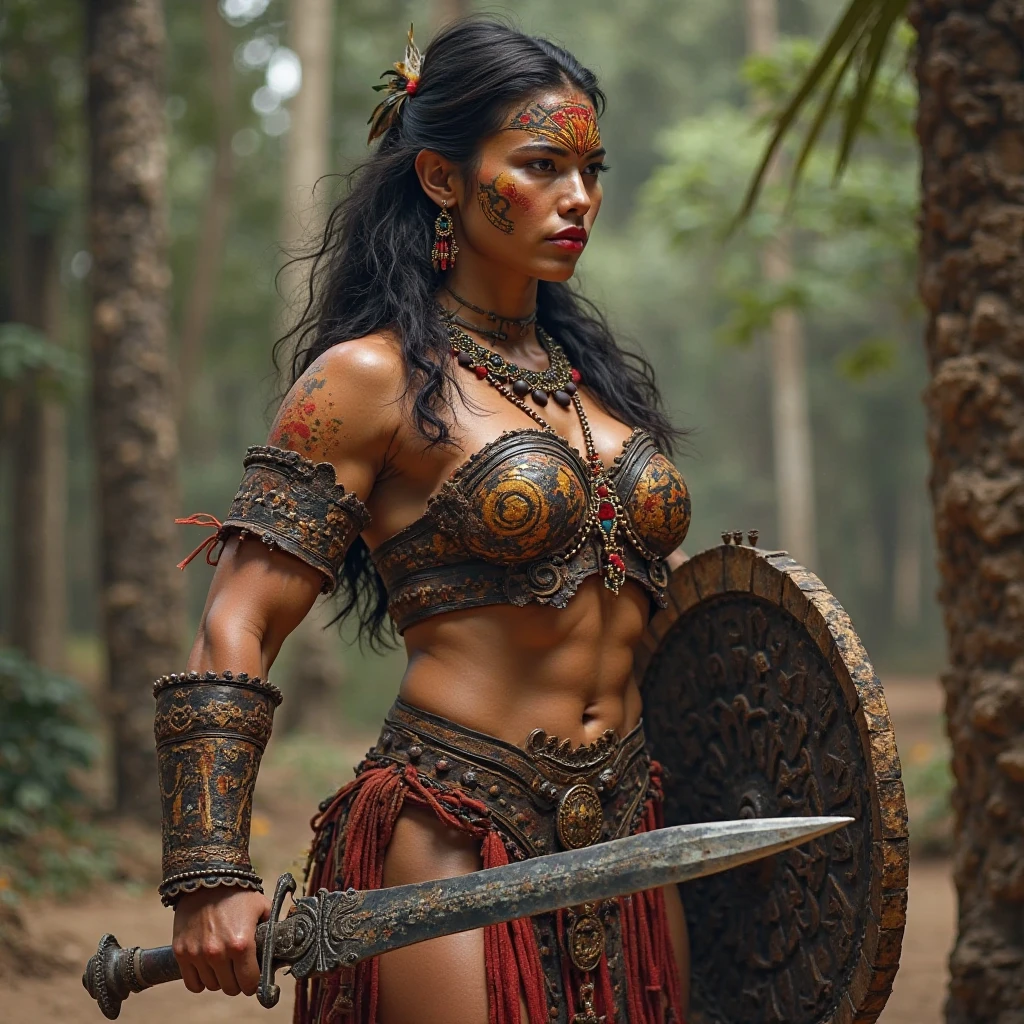 Thick figure, Heavy physique, ((best quality)), ((masterpiece)), (detailed), perfect face, Envision a savage female barbarian warrior, her battle cries echoing through the battlefield as she unleashes her fury upon her foes. Her armor should be adorned with tribal markings and symbols, representing her connection to her ancestral heritage