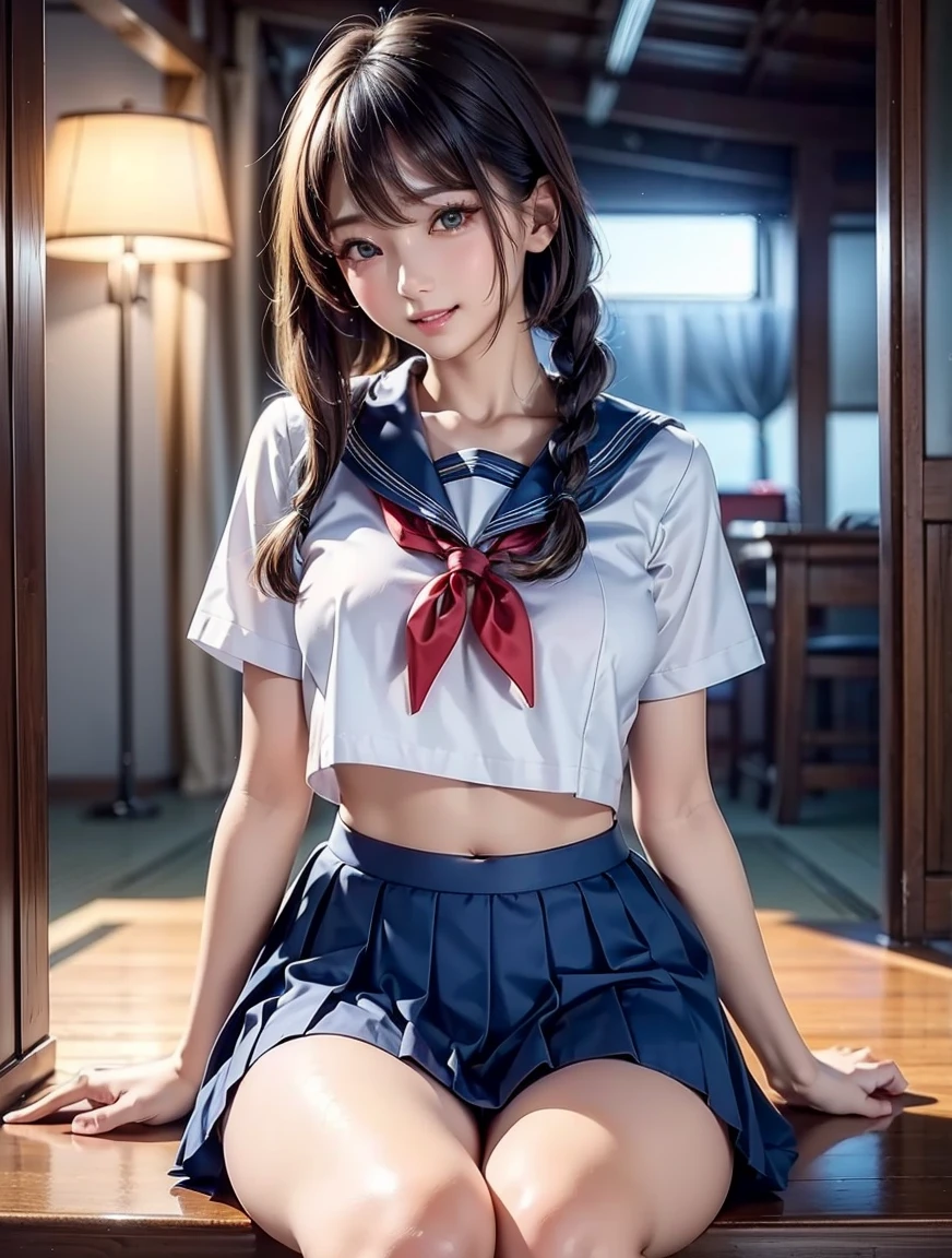 top-quality, masterpiece, (Professional lighting without shadows), A hyper-realistic, Bewitching, perfect anatomia, Two girls, (Proudly stand in front of the camera、Girl showing off ribbon tie, Another girl on the other side、Bend over and stick your butt out towards the camera), ( Huge breasts:1.2), Bright and even whitening skin without wrinkles and steps, (Bright beautiful blue eyes with long eyelashes and red tear bags reflected light:1.3)、 Braided half-up hair with bangs, (Her outfit dresses up a cramped schoolgirl uniform that fits the body very short with ultra mini pleated skirt length:1.3), (Proudly showing off a crimson ribbon tie from the front), (Another girl on the other side、To beautifully emphasize the proud ultra mini pleated skirt、Showing off a pose with the buttocks exposed from directly behind:1.2), (Beautiful face squinting in dazzling light), (ssmile), ishiharasatomi