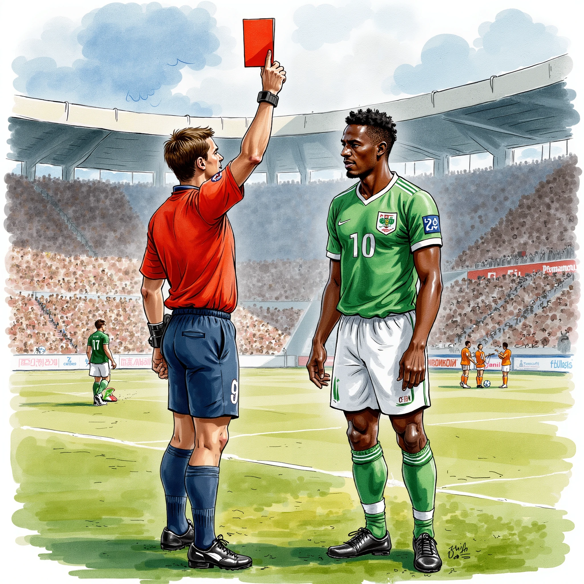 A Football players getting red card from the refree on the pitch while the spectators watches, Nigerians.
Water color illustration