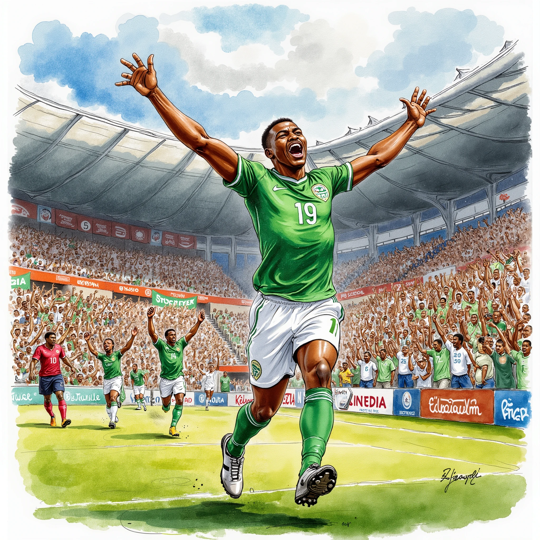 the spectators cheering a football player as he celebrates his goal Nigerians.
Water color illustration