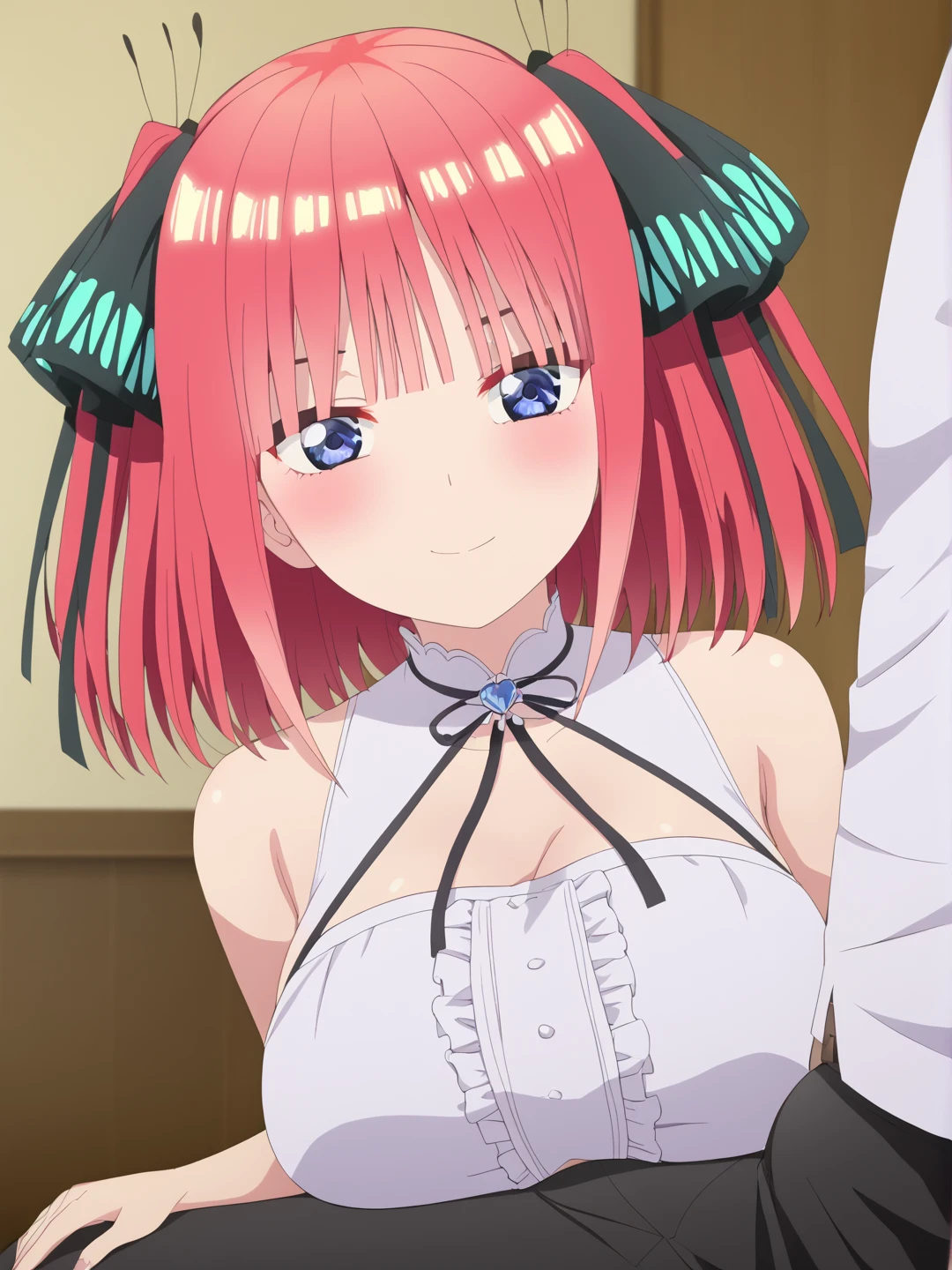 best quality, ultra-detailed masterpiece, anime art style, cute characters, nino nakano, large breasts, blush, smile