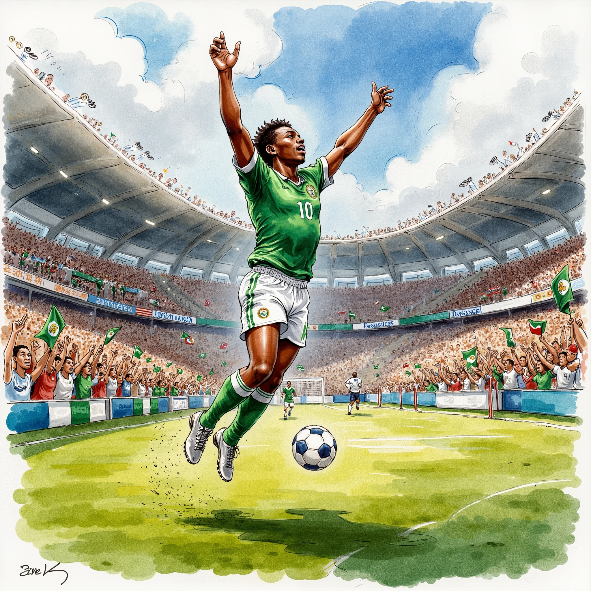 A Football players scoring a goal on the pitch while the spectators watches, Nigerians.
Water color illustration
