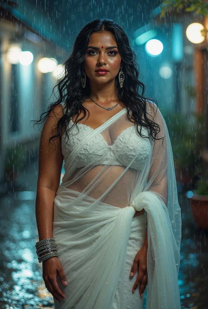 full body of Vidya Balan, in a white bikini top and blue skirt, stands in a river with her long brown hair flowing around her face, revealing the large canal between her two breasts and the bashful liquid glossy satin. The sultry curvy size MILF exhibitionist amorous lady with small breasts enjoys the serene and peaceful atmosphere. wet body