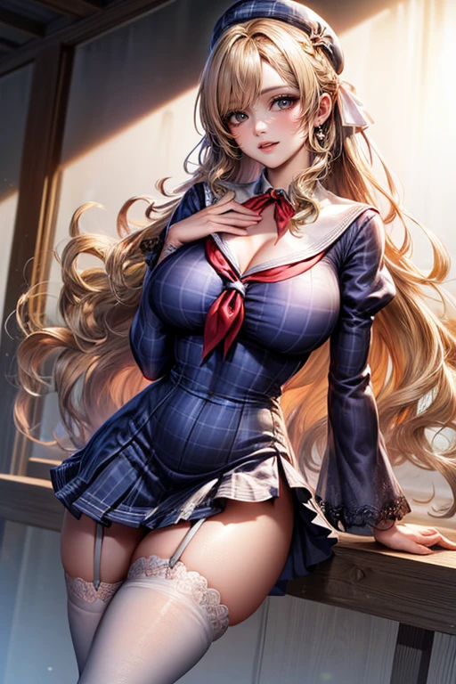 ((highest quality,8K,T Masterpiece:1.3)), sharp focus:1.2,cute woman with perfect figure:1.4,(((((huge cleavage))),(ridiculously big breasts:1.5),straight hair、hair blowing in the wind(huge hips),smile,thin abs:1.2,((beautiful golden hair,:1.4)),Highly detailed face and skin texture,detailed eyes,double eyelid、/ (Wear a white top over a black playboy_bunny leotard:1.3), (sailor collar:1.2), (red tie:1.3), (fake animal ears), (Clothes divided into upper and lower parts:1.2), (short sleeve:1.1), (black bunny girl costume:0.8), (Fishnet tights:1.2), high heels, (Rabbit_tail:1.2),