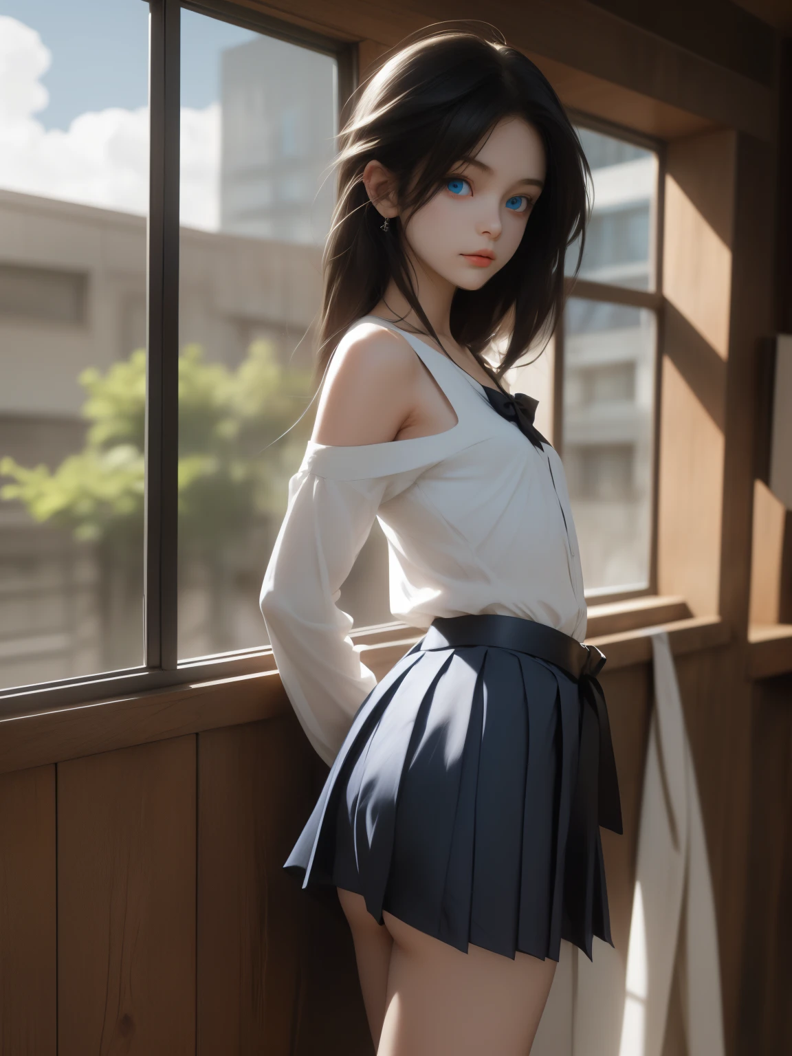 Female, 25 years old , Anime Girl, bungs,standing,cowboy shooting,Dynamic Angle Break (closed mouth), black hair, blue eyes, white panties, to shoulders, to shoulders background, , Bottomless, chest, closed mouth,No., How, Dutch angle, erections, hair between their eyes, hair bow, , indoors, jewelry, long hair, viewers, school uniform, White Button Up Shirt,( Deep Blue Pleated Skirt), black belt,(Modern architecture in the background), mature woman, /( black hair/) bungs, ( masterpiece top quality :1.2) delicate illustration super detailed, small chest , Outdoors, Detailed Background, white panties,(( panty line)),standing,Turn back,full body,side view,Crooked Butt,sexy,Outdoors, clear,