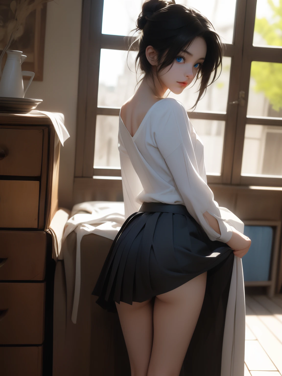 Female, 25 years old , Anime Girl, bungs,standing,cowboy shooting,Dynamic Angle Break (closed mouth), black hair, blue eyes, white panties, to shoulders, to shoulders background, , Bottomless, chest, closed mouth,No., How, Dutch angle, erections, hair between their eyes, hair bow, , indoors, jewelry, long hair, viewers, school uniform, White Button Up Shirt,( Deep Blue Pleated Skirt), black belt,(Modern architecture in the background), mature woman, /( black hair/) bungs, ( masterpiece top quality :1.2) delicate illustration super detailed, small chest , Outdoors, Detailed Background, white panties,(( panty line)),standing,Turn back,full body,side view,Crooked Butt,sexy,Outdoors, clear,