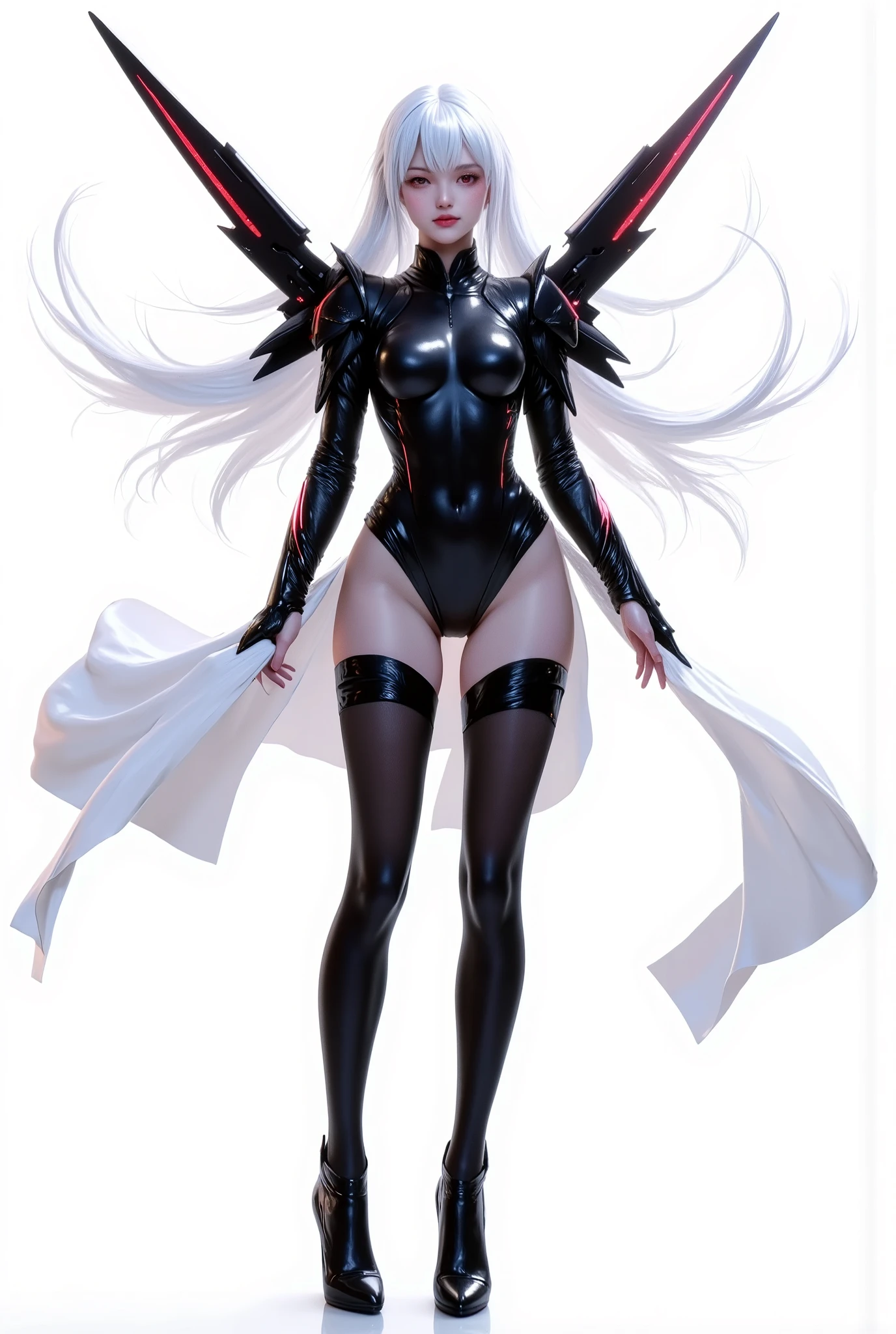 Create an anime-style character with long white hair and red eyes. The character is wearing a sleek black full body catsuit and long black sleek long half skirt. Costume has dark red accents on the shoulders armor and red led on armor. The outfit has a modern design, featuring a high collar. The character has a confident stance, standing with hands relaxed, looking viewer. The background should be plain white to emphasize the character. the wind made her hair and flap of her skirt flutter. Cool, cold emotion. full body image. She has two black futuristic mechanical wings on her back and wear high heels attached to her catsuit
