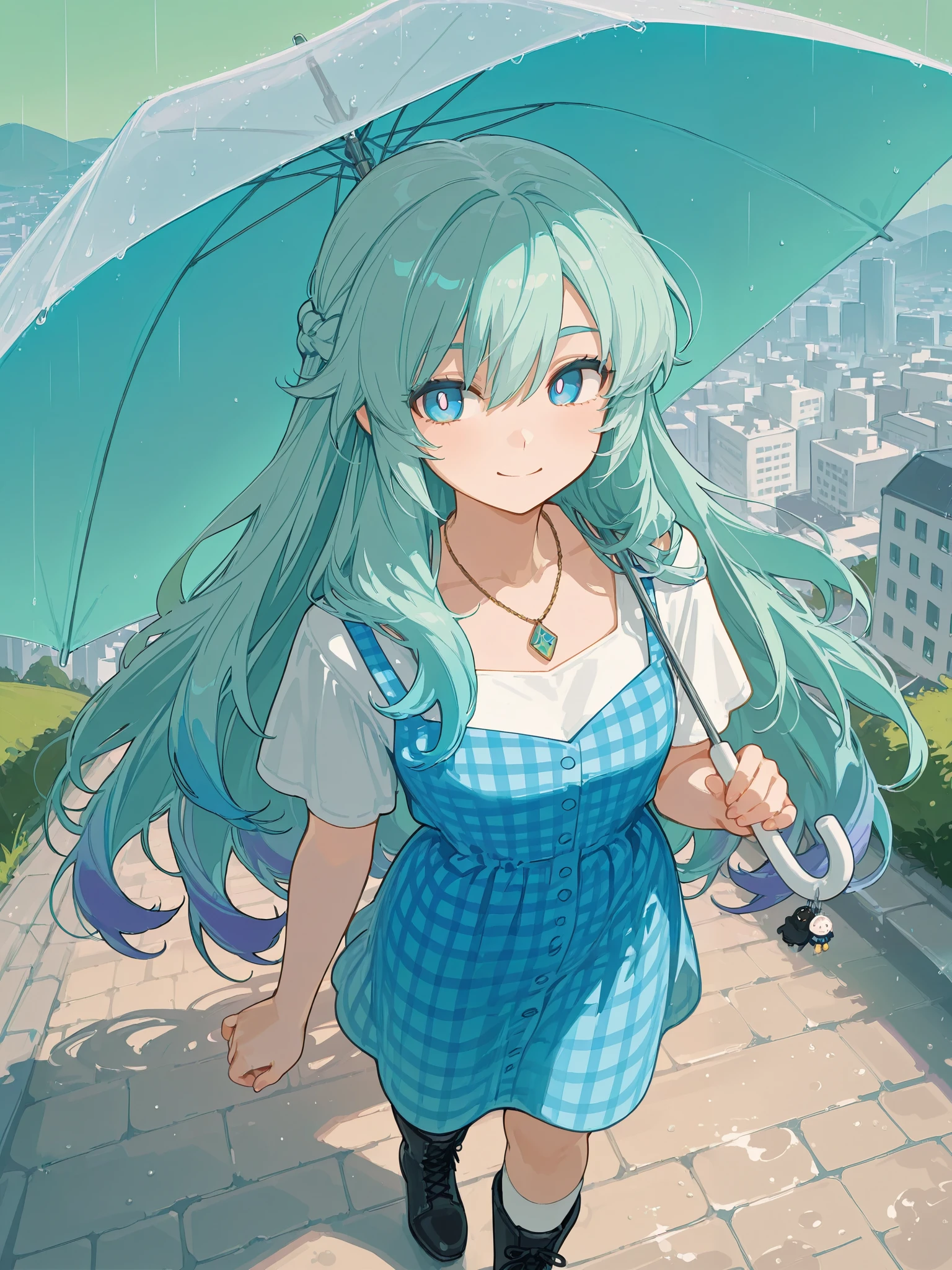 Anime girl with blue hair and blue dress holding an umbrella - SeaArt AI