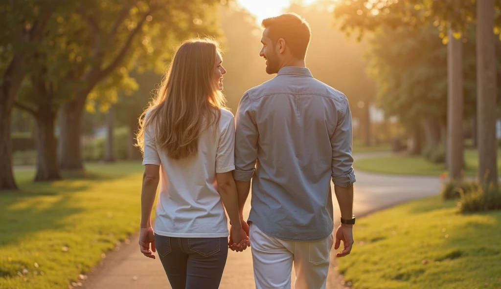 couple, man, woman, holding hands, smiling, casual clothing, jeans, denim shirt, white blouse, golden hour, park, greenery, bokeh background, outdoor, affectionate, standing, warm colors, long hair, wristwatch, bracelet, looking at each other, contented expressions, blurred background, natural light, leisure, romantic, grass, trees, clear sky, sunset lighting, relaxed atmosphere, Fujifilm XT3, Canon R5, Fujicolor Fujichrome Velvia 100