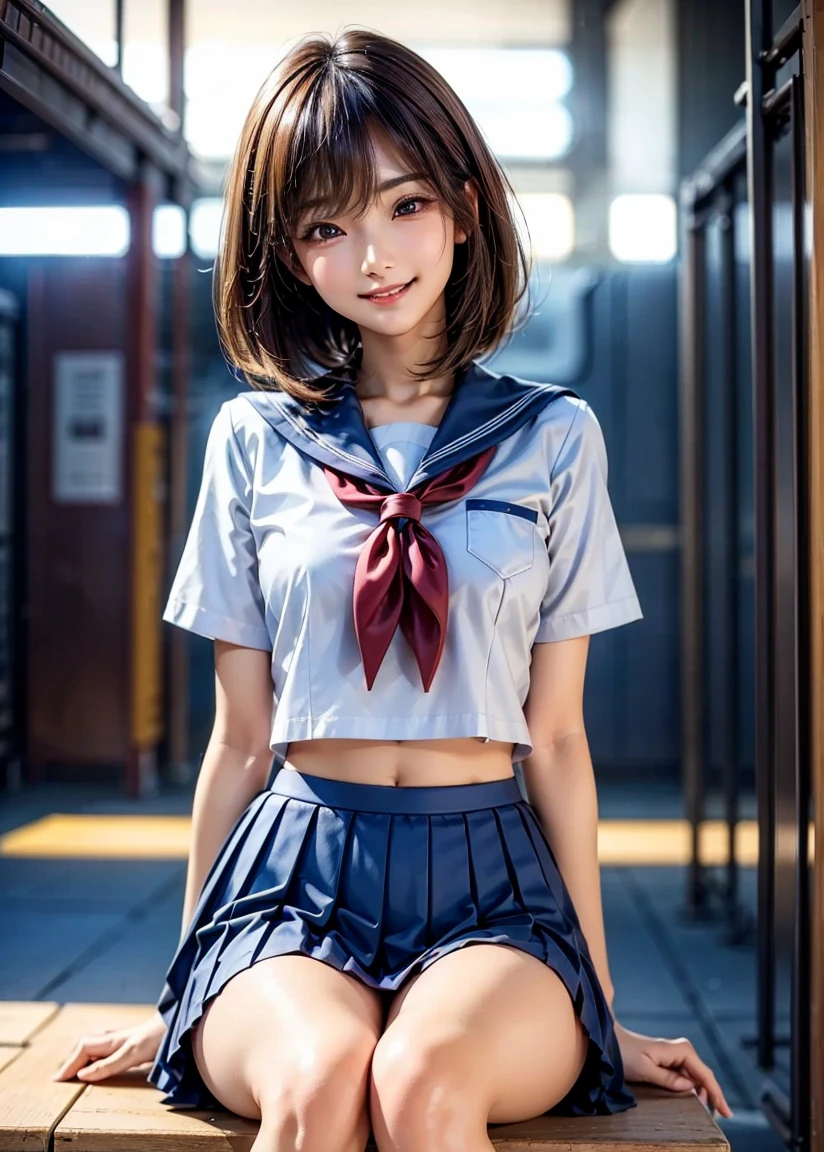 (highest quality, 8k, 32K, masterpiece, Hmm, realistic,Natural light:1.2),Photo of very pretty Japanese young 1 girl wearing school uniform,full body shot ,((alone)), big breasts,low RA,blue tie,very cute, highly detailed eyes and face, Beautiful eyes in every detail,round face,bangs,medium black hair,alone,1 girl,classroom flat chest, High resolution, wallpaper, 8k, best lightでg, highly detailed illustrations, blush, g in embarrass, smile, open your mouth, ((no real panties)), crotch seam, dynamic pose, dynamic angle, thighs thighs thighs, short hair, thighs thighs thighs,, belly button, thighs, 白いthighs, cleavage, ((spread your legs:1.4)), outdoors, Please sit down,delicate hands