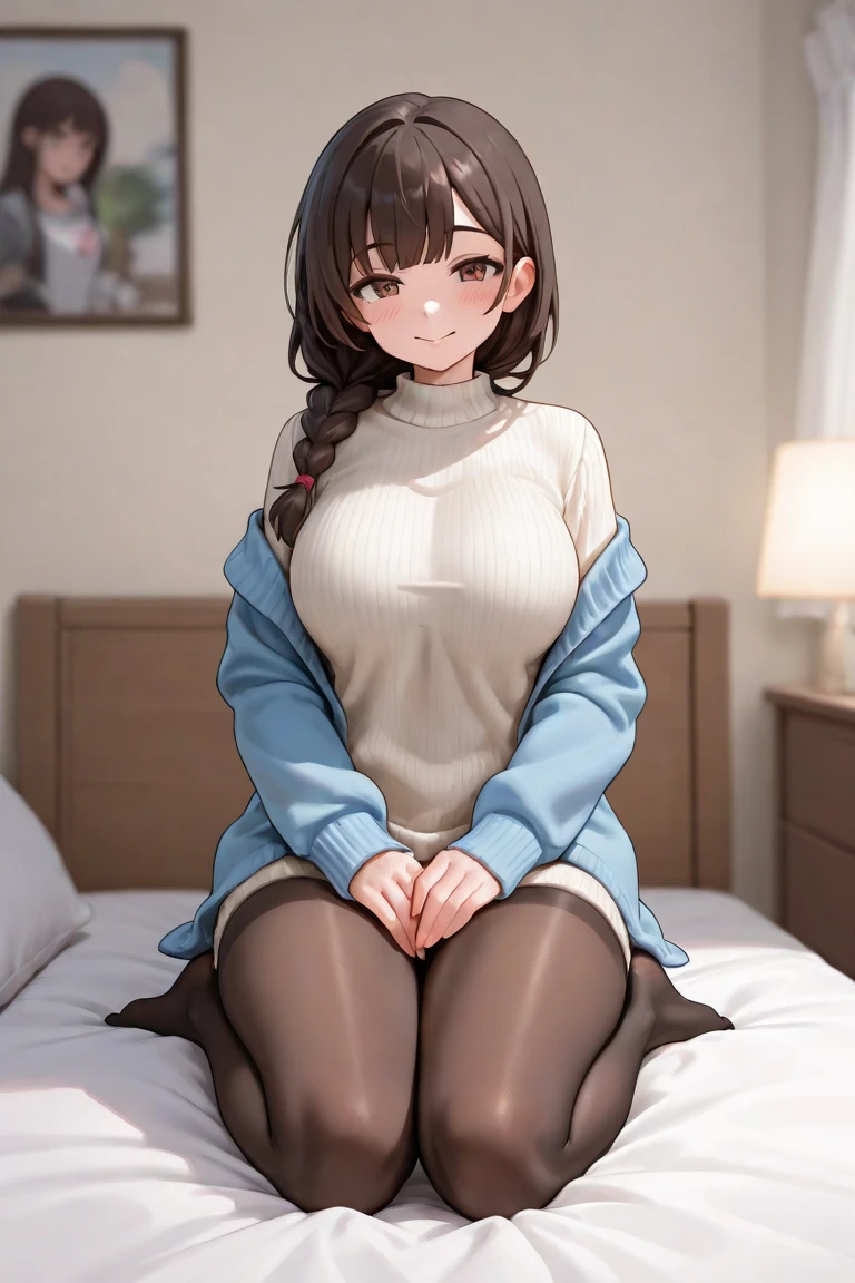 1 girl, human, (full body), ((Masterpiece, high quality, HD, High Details)), Bell Shape breasts (Narrower at the top and fuller at the bottom, resembling a bell), background: winter, inside home, on bed, Lying on stomach, one leg bent at the knee, looking at viewer, slightly smile, Eyes: Almond-shaped, dark brown, Nose: Small and slightly upturned, Lips: Full, rosy pink, Hair: Long, wavy, black, Skin Tone: Fair with a pink undertone, Eyebrows: Thick and gently arched, Cheekbones: High and defined, Chin: Rounded, Ears: Small and close to the head((no animal ears)), Expression: Serene and thoughtful, wearing (Quilted puffer dress).