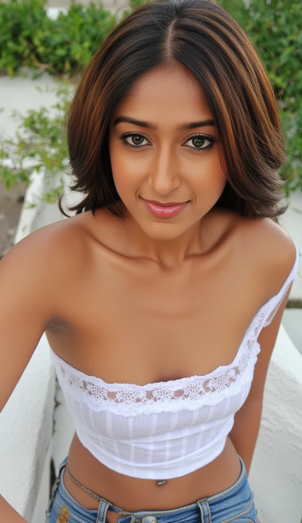 full body,(((desi girl))), chubby face, natural skin, wearing beautiful black bra and panty, charming black hair, ((hair ends are blonde)), greenary village background, bokeh
