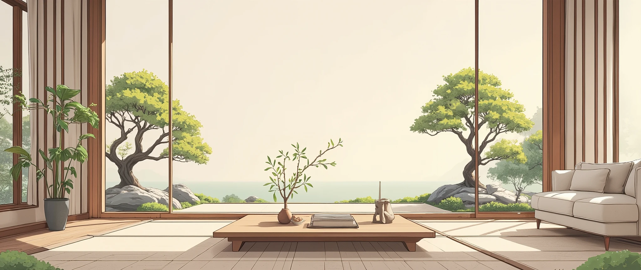 illustration in soft colors predominating , minimalism of a Japanese style living room with window to see the minimalist Japanese garden with bonsai trees, the stage evokes energy and elegance
