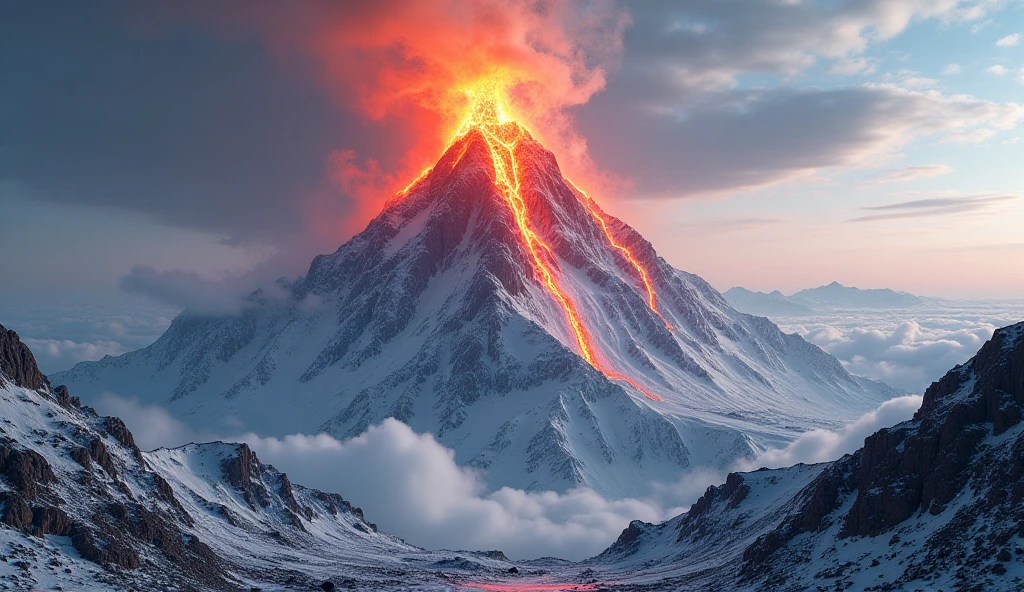Maximalism, Cinematic lighting, hdr, 8K high definition, Winters,Active volcano erupting,Volcanic smoke,Blue sky,Snow-covered peaks,Echo each other,It's spectacular,Beautiful lighting, beautiful shadows, Snow-capped Antarctic landscape
