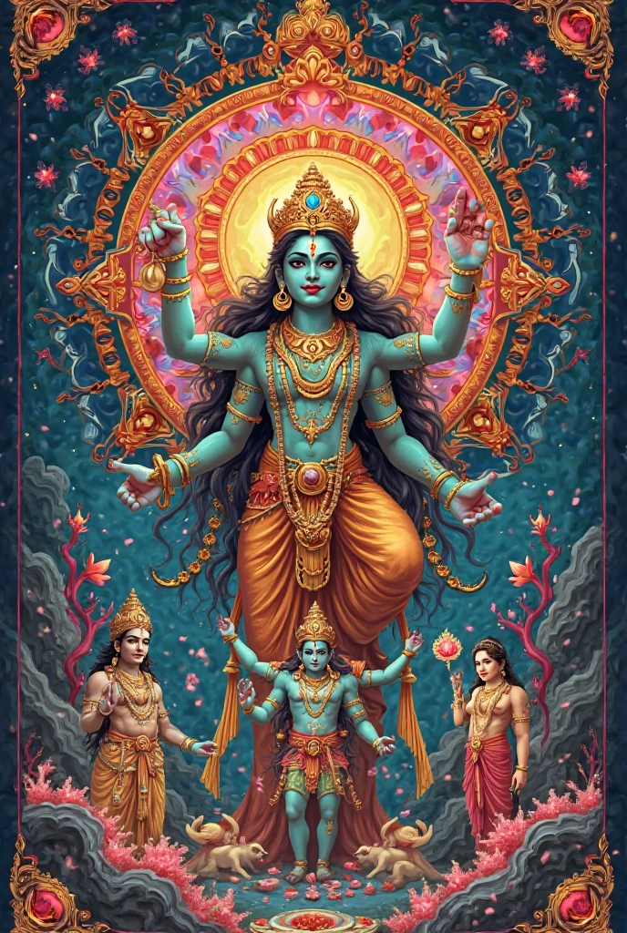 There are three people ,Big Mother mahakali wears skull necklace at center and Ganesh sitting on skull and murugan god small ears are laughing at the clouds heaven , cartoon , manga, sun shine , rainbow