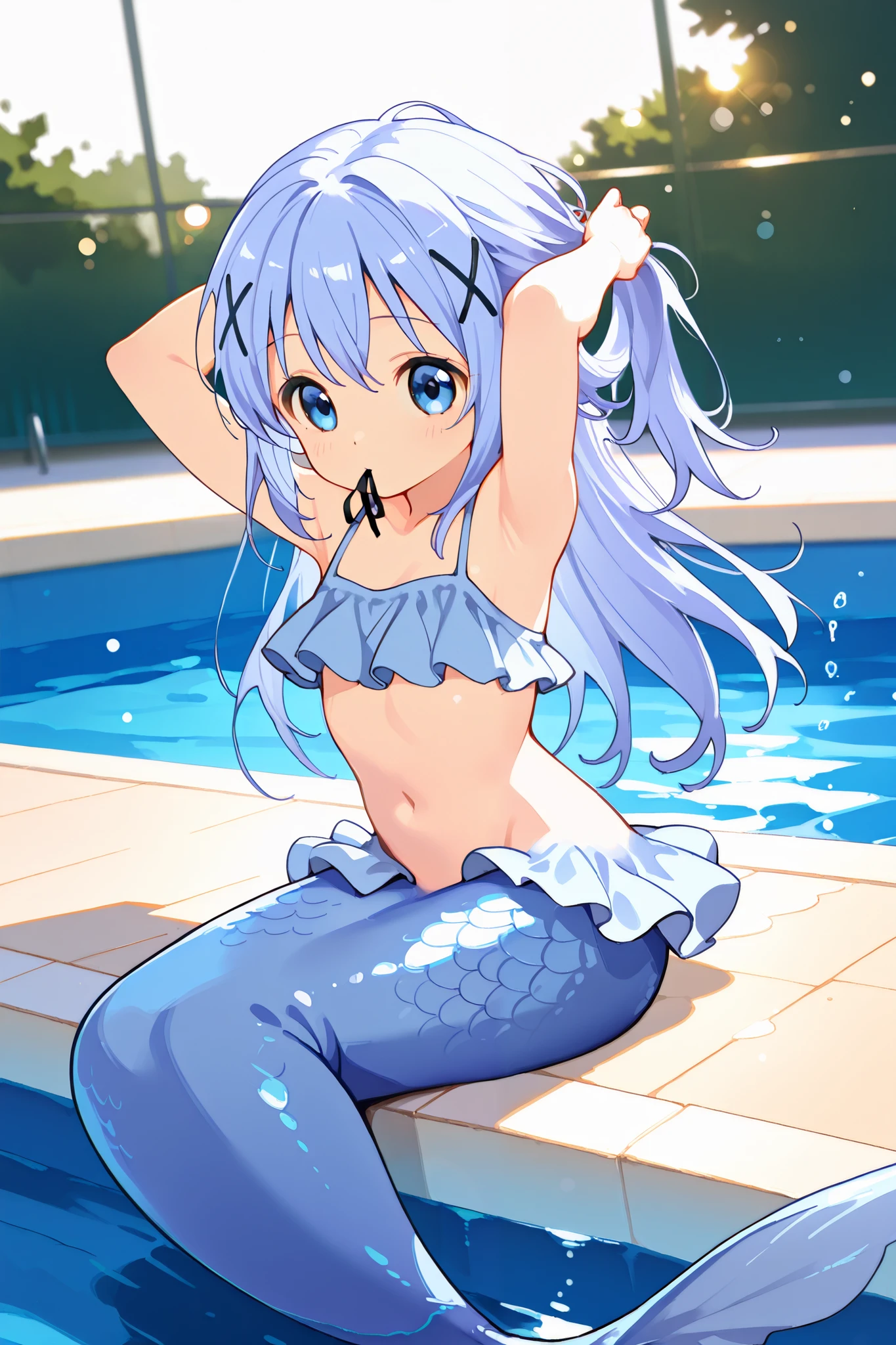 1girl, blue eyes, chino_kafuu, periwinkle colored hair, long hair, tiny, cute, ((mermaid, light blue tail)), (light blue frills), sitting, submerged, on poolside, pool, indoor, day, afternoon, water splashes, just turn your eyes, adjusting hair, tying up hair, push one's hair back, armpit, hold hair clip in mouth, removed clothes, bokeh effects, dynamic pose, dynamic angle, hdr, low contrast, pov
masterpiece, best quality, absurdres, masterpiece, highres, perfect anatomy, anime style, anime screenshot, 8k wallpaper, ultra high quality, (extremely detailed cg), perfect lighting, (sharp image), dynamic angle,