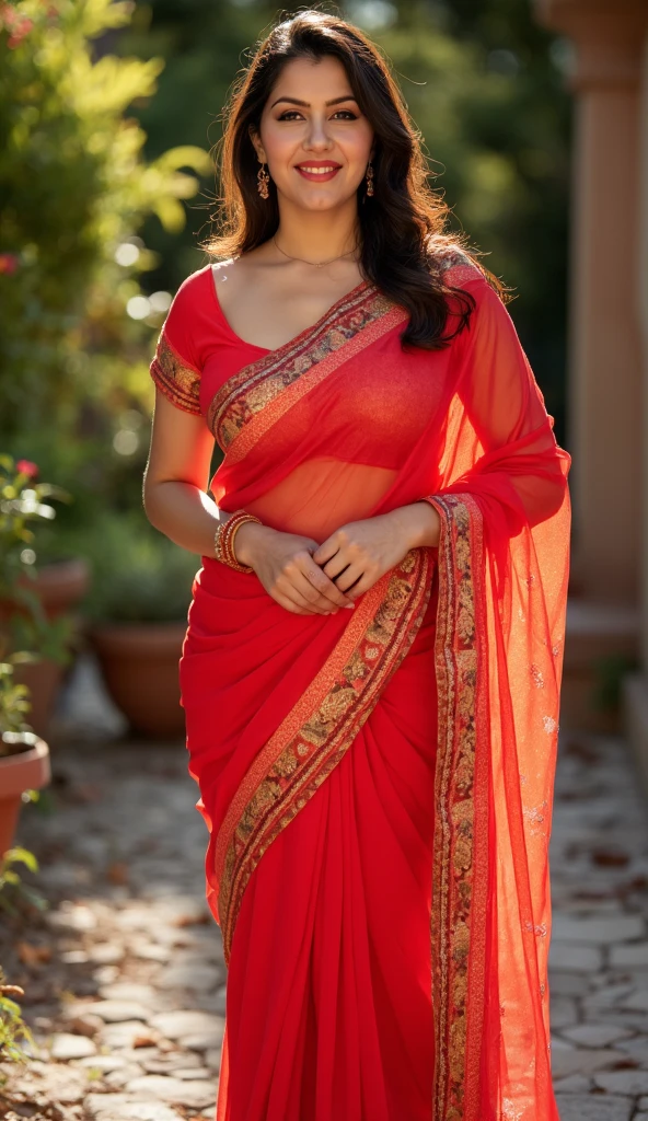 8K, best quality, ultra-high res, sharp focus, cinematic, professional, full-body, hyperdetailed, photorealistic, soft-lighting. Tall, curvy, plus-sized woman, plump face, big chest, deep cleavage, glowing skin, beautiful makeup (deep eyeliner, thick lashes, clear eyes), long curly highlighted hair. Red silk saree, deep-neck blouse, intricate embroidery, bra-style, plated folds. Background: Mize Mill Falls, Sipsey Wilderness, lush greenery, soft lighting, tranquil. Confident, elegant pose, full-length frame, emphasis on height, curves, powerful presence.