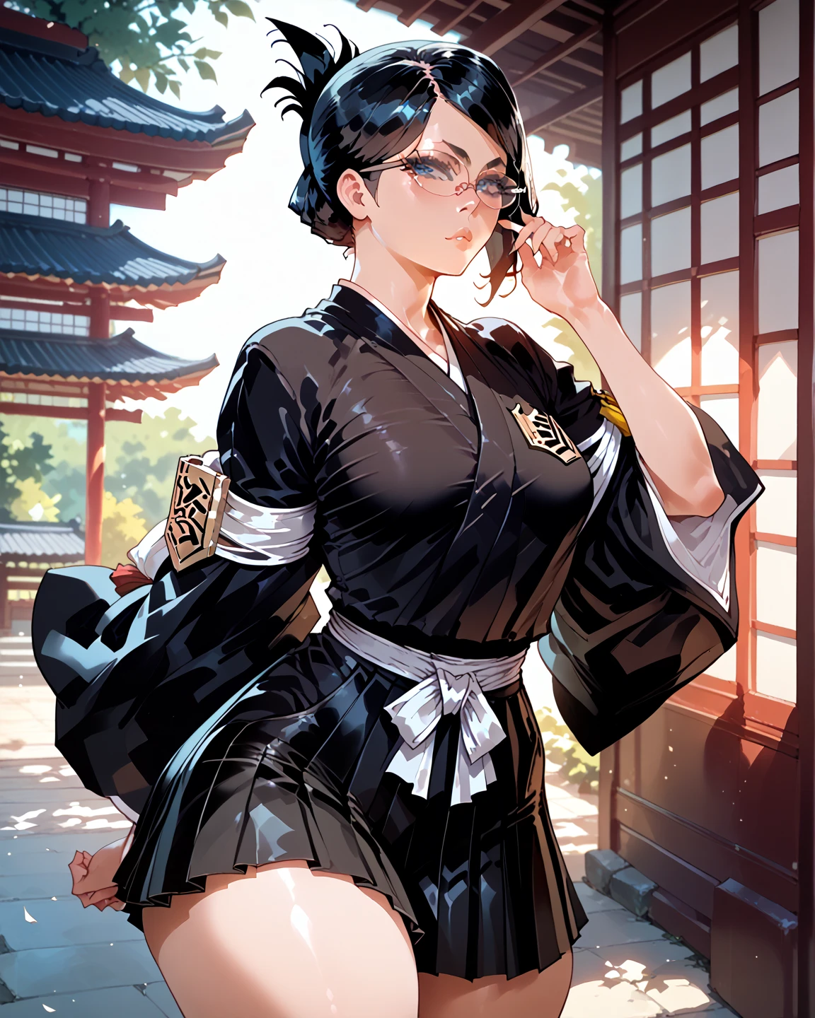 standing, ise nanao, folded ponytail, glasses, black robes, sash, black skirt, hakama skirt, armband, wide hips, big ass, thick thighs, medium breasts, front view