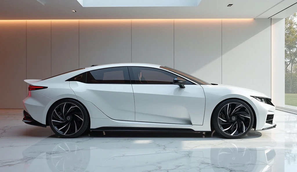 sleek side view of Honda Civic  2025, color white, standing in luxury showroom, 64k hd high quality realistic images