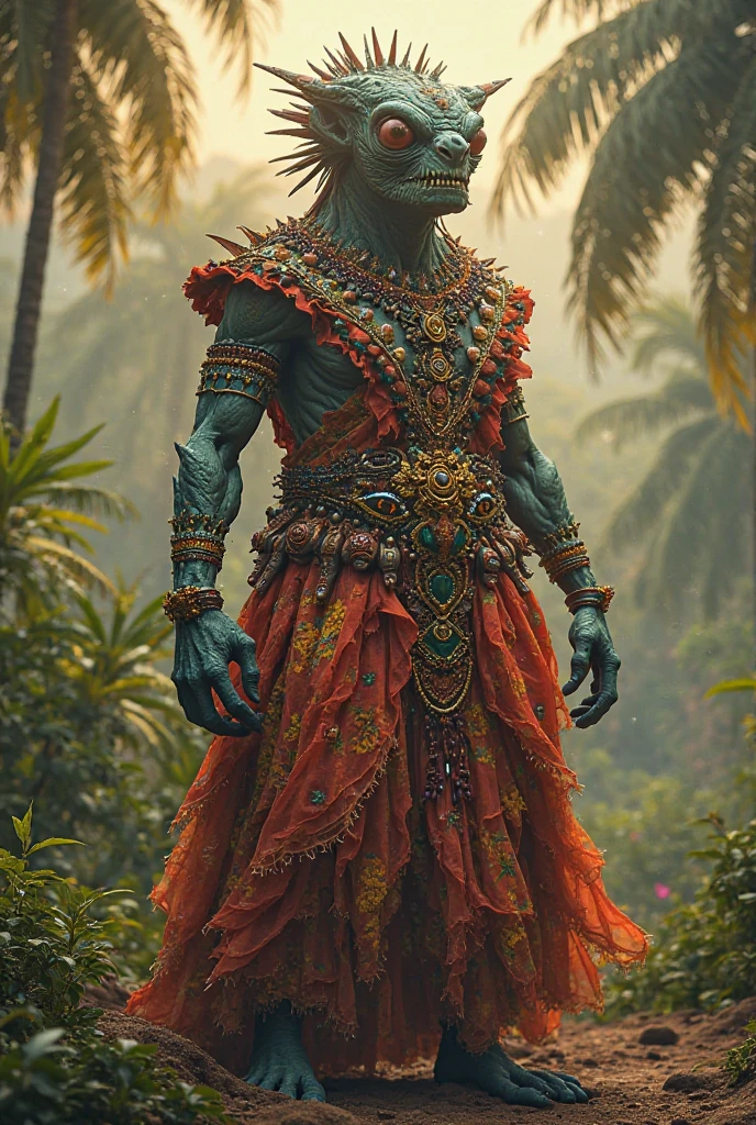 Grey stone mask costume, leaf shoulder pads, long green shorts and green jewelry