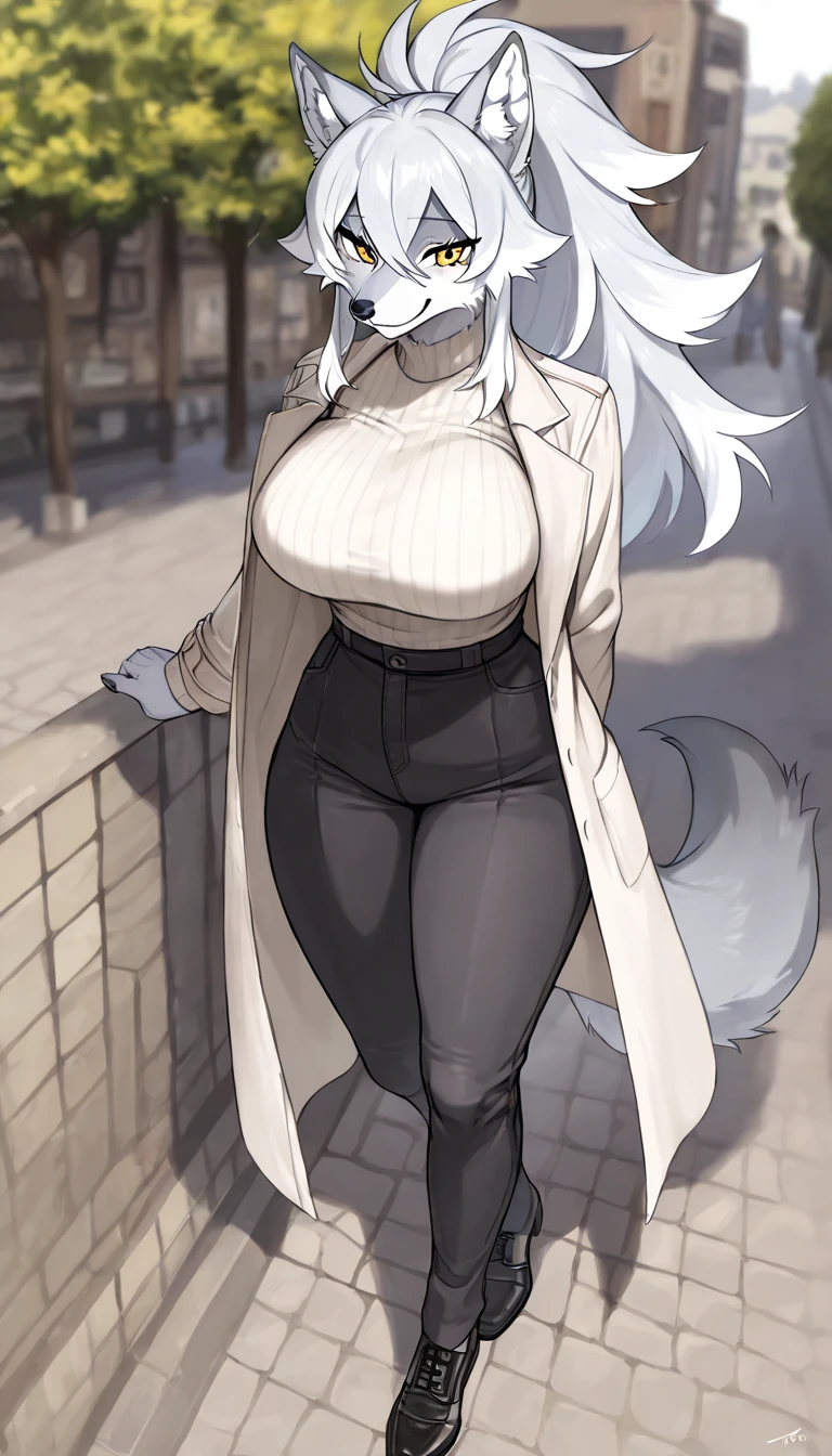 By bebebebebe, by lostgoose, by goonie-san, solo, muscular, canine, ((black wolf, fluffy)), smirking, hands behind head, wavy hair, ((copper hair)), (snout), big breasts, curvy, thicc, overweight, milf, chubby, standing, wrinkly, italian city, massive, size of a building, ((she is a 20 foot tall woman)), detailed eyes, (((prada))), cleavage, sweater, pants