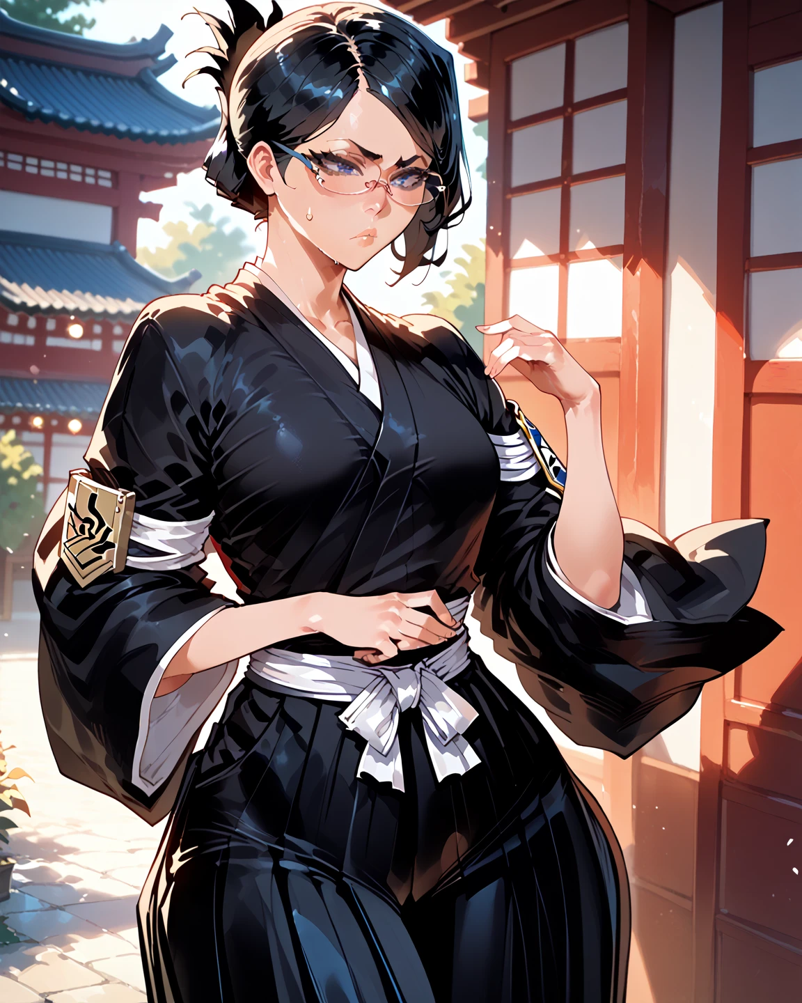 standing, ise nanao, folded ponytail, glasses, black robes, sash, black skirt, hakama skirt, armband, wide hips, sweatdrop, front view