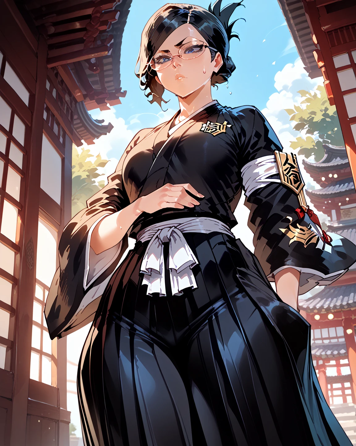 standing, ise nanao, folded ponytail, glasses, black robes, sash, black skirt, hakama skirt, armband, wide hips, sweatdrop, front view, low-angle view