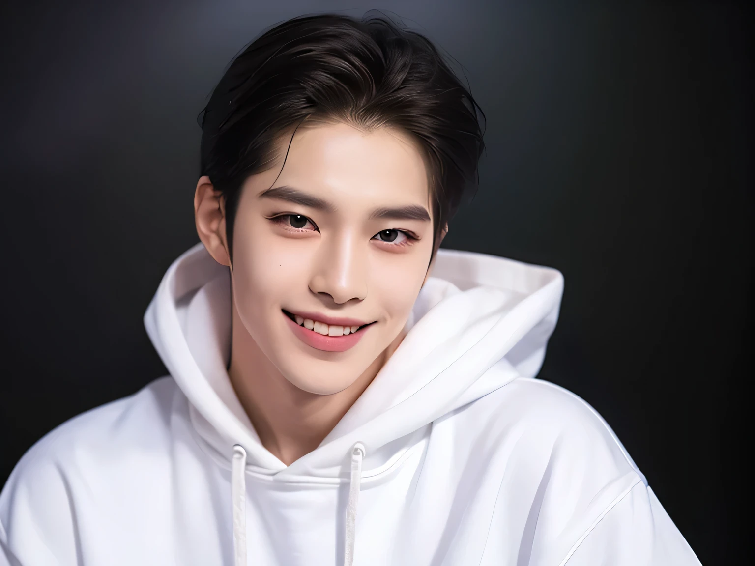 20 year old man, Very handsome , stars of the Korean series, White skin, handsome, classic side part hairstyle, black background, Masterpiece, best quality,  a man, Detailed image, clear, Shiny, Very handsome , half body model, Bends down in front, succumb, Look at the bottom, wearing a white hoodie, One Man, reflect,  happy face color , front view, Tear a wide smile,  Smiling, Seeing Teeth.