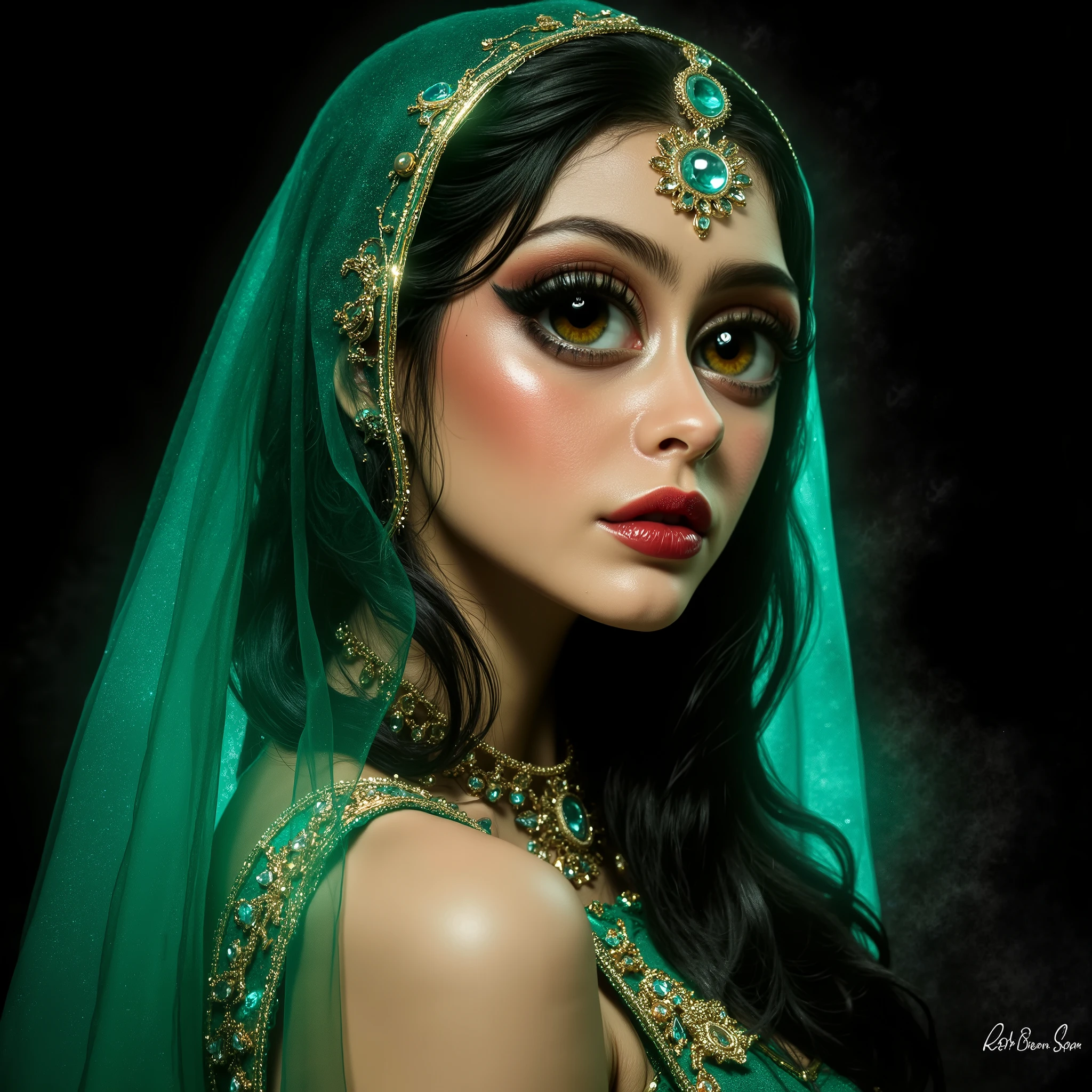 8k resolution, best quality, ultra detailed, masterpiece, intricate details:1.3), (Physical Clothing:1.3), black background, A woman of divine, (((((((very white skin)))))))), Almost transparent from the intensity of its whiteness, ethereal beauty from paradise, representing the Houris, with ((((exaggeratedly wide eyes beyond human imagination)))), ((((deep black pupils infinite as eternal night surrounded by dramatic, wide black kohl)))), white sclera glowing with a soft, inner molten pearl sheen, (((very wide eyes))), ((((very big eyes)))), ((((large size eyes)))), very Spacious eyes, a subtle shifting gleam inside the pupils blending radiant emerald and molten gold, long, thick black silken eyelashes fluttering softly, Her face glows like a perfectly illuminated moon, ((smooth glowing skin with a radiant sheen)), (((cheeks elevated like hills of light))), lips crimson and subtle like a paradise fruit, ((((Abundant, flowing dark silk hair cascades like rivers)))), covered with a ((((so very translucent, glowing in rich green, adorned with delicate golden zari threads, ((((very Highly transparent green headdress)))), (((((Ultra clear green head cover))))), ((((head dress radiating soft light and faint musk scent)))), Her body is harmonious and youthful (33 years old), with a radiant glow, She wears ((((a flowing rich green silk garment adorned with delicate, shimmering golden threads, moving like gentle waves and sparkling like liquid light)))), Enveloped in a ((((soft halo of light, surrounded by a faint musk fragrance)))), her presence exudes divine, otherworldly grace, styled with an ethereal fantasy touch, without animal ears, without elf wings, without Asian features, without blurry details, without low quality, without deformed anatomy, without overly human proportions, without glowing eye outlines, without shiny makeup, without excessive gold glitter, without modern artistic styles, without ethnic skin tones, without heavy embroidery, without overly ornate