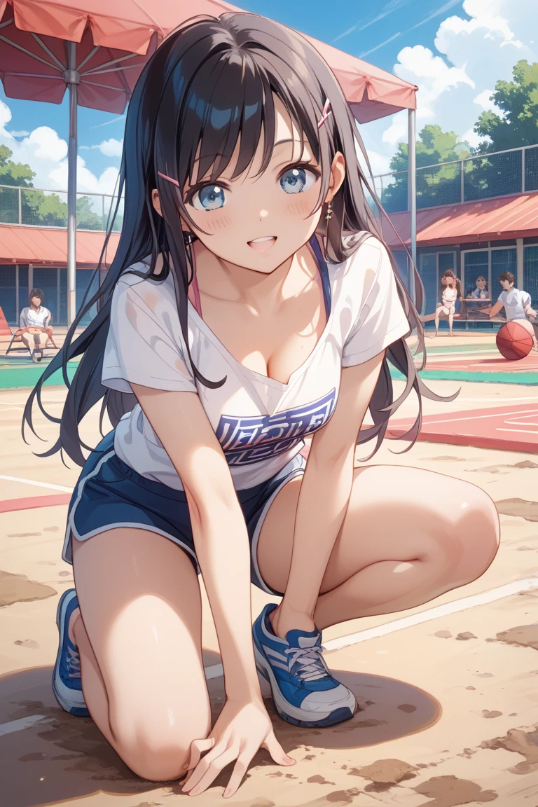 a matter of fact, daytime, sunlight, 1 girl, 8K resolution, blue hair, blue eyes, glowing eyes, white short skirt, Blush, tennis costume, sleeveless shirt, sunlight, Wet from the rain, seethrough, Sit with your knees raised., pussy, Spread your legs slightly., smile, the skirt is lifted up, highest quality, High resolution, highly detailed face, perfect lighting, Very detailed CG, (perfect hands, perfect anatomy), mini yaemori, perfect figure, in love expression, bottomless, armpit, Thao Waist,