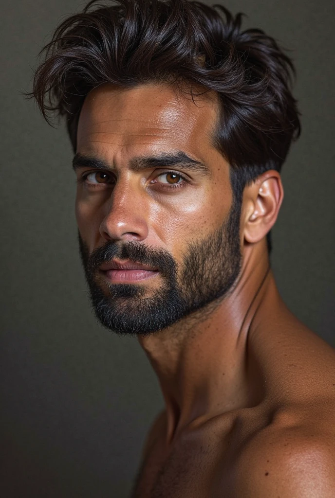 photograph of a beautiful man with black curly hair and a beard, he is naked, he is sitting sideways on a chair, leaning over a bench, professional photography, sensual gay shoot, photography with studio lighting in a dark environment, high resolution