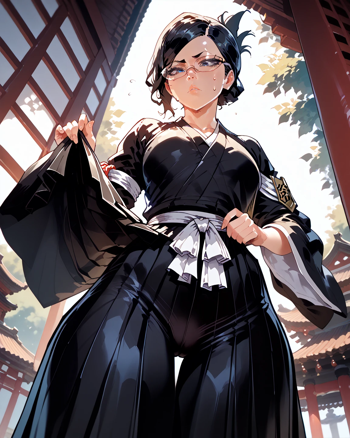 standing, ise nanao, folded ponytail, glasses, black robes, sash, black skirt, hakama skirt, clothes lift, thong, armband, wide hips, sweatdrop, front view, low-angle view