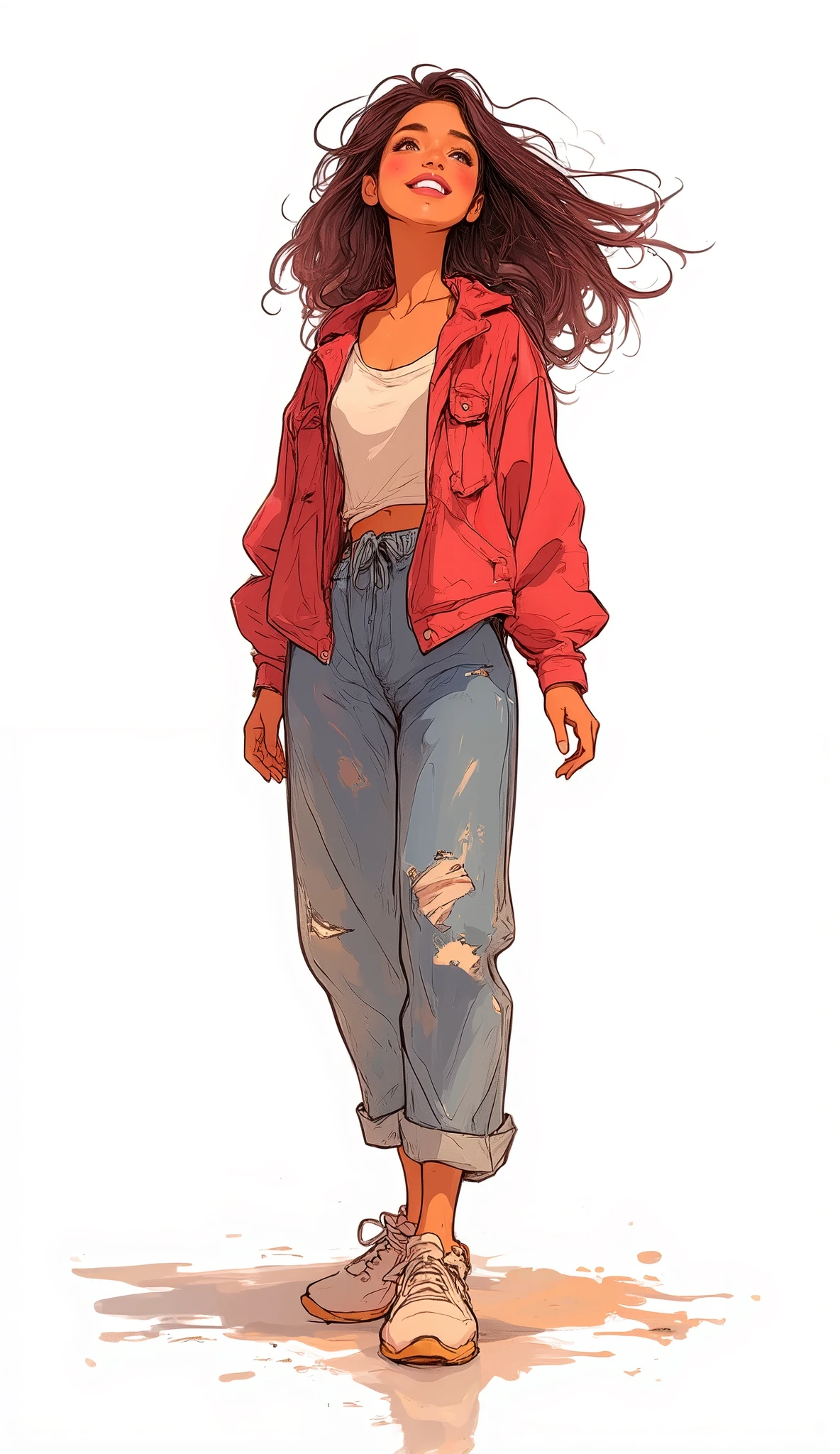 (masterpiece:1.2, high quality ,Mirror Finish , MOVIE EXPERIENCE , best illustrations :2.0, very detailed ),8k,16k, illustration,vector art,(has a white background), Woman Standing ,smile,Street Dancer,casual clothes,are looking over here,(full body:2.0)