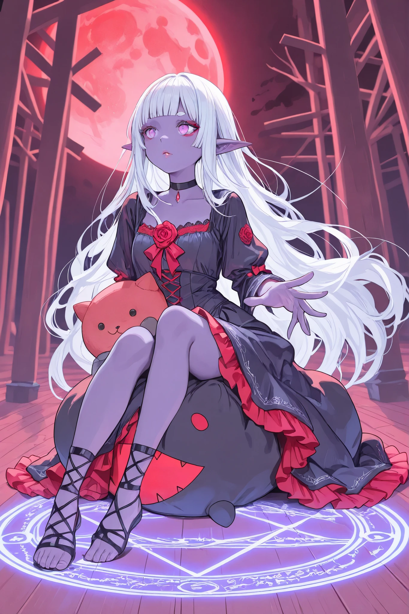 (Ultra-detailed face, Looking away, Gothic Illustration, Dark tone colors. She has five fingers on her hands and five toes on her feet.), BREAK
(A black and red moon climbs into the sky in a jet-black sky. A young female dark elf summoner is outside a magic circle painted with red glowing powder on the floor, her back turned, her body twisted, sitting on her haunches, her hands waving above her head like a musical conductor in a daring pose, summoning a stuffed demon.), BREAK
(Several beams of light rise like beams from a magic circle drawn on the floor, making the stuffed devil float in the air.), BREAK
(She has pure white hair, pure white eyebrows, blunt bangs, very long messy hair reaching to her waist, small pink lips, lavender eyes, dark purple skin, and layers of thick eyeliner.), (She wears a jet-black choker, layers of jet-black fabric, a traditional medieval European-style witch's layered dress with crimson rose embroidery, and lapis lazuli laced sandals.)