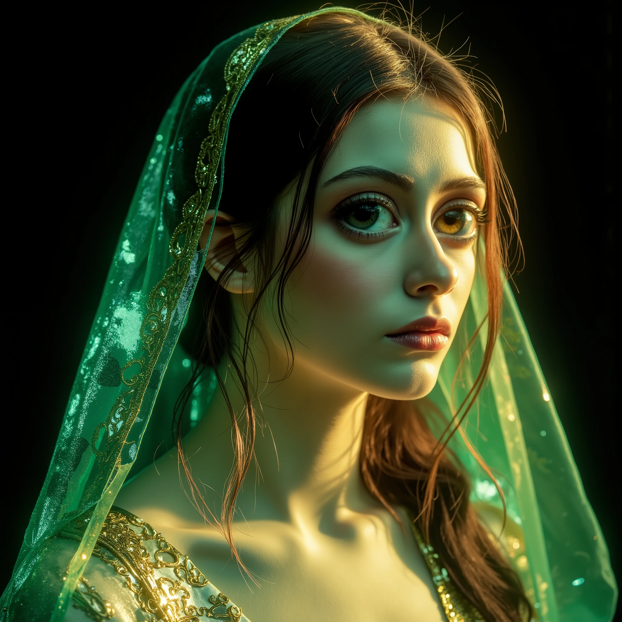 8k resolution, best quality, ultra detailed, masterpiece, intricate details:1.3), (Physical Clothing:1.3), black background, A woman of divine, (((((((very white skin)))))))), Almost transparent from the intensity of its whiteness, ethereal beauty from paradise, representing the Houris, with ((((exaggeratedly wide eyes beyond human imagination)))), ((((deep black pupils infinite as eternal night surrounded by dramatic, wide black kohl)))), white sclera glowing with a soft, inner molten pearl sheen, (((very wide eyes))), ((((very big eyes)))), ((((large size eyes)))), very Spacious eyes, a subtle shifting gleam inside the pupils blending radiant emerald and molten gold, long, thick black silken eyelashes fluttering softly, Her face glows like a perfectly illuminated moon, ((smooth glowing skin with a radiant sheen)), (((cheeks elevated like hills of light))), lips crimson and subtle like a paradise fruit, ((((Abundant, flowing dark silk hair cascades like rivers)))), covered with a ((((so very translucent, glowing in rich green, adorned with delicate golden zari threads, ((((very Highly transparent green headdress)))), (((((Ultra clear green head cover))))), ((((head dress radiating soft light and faint musk scent)))), Her body is harmonious and youthful (33 years old), with a radiant glow, She wears ((((a flowing rich green silk garment adorned with delicate, shimmering golden threads, moving like gentle waves and sparkling like liquid light)))), Enveloped in a ((((soft halo of light, surrounded by a faint musk fragrance)))), her presence exudes divine, otherworldly grace, styled with an ethereal fantasy touch, without animal ears, without elf wings, without Asian features, without blurry details, without low quality, without deformed anatomy, without overly human proportions, without glowing eye outlines, without shiny makeup, without excessive gold glitter, without modern artistic styles, without ethnic skin tones, without heavy embroidery, without overly ornate