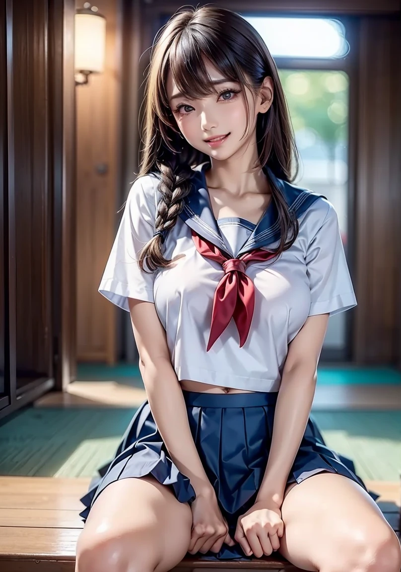 very cute and beautiful girl,(highly detailed beautiful face),
(smile:1.2),blush,looking at viewer,serafuku,short sleeve,pleated navy blue mini skirt,
black hair,sitting,sofa near elevator hall of small hostel,bag lied on floor,
(best quality,masterpiece),absurdres,highres,ultra-detailed,extremely detailed,32k,8k resolution,
intricate details,cinematic scene,detailed background,solo,dynamic angle,