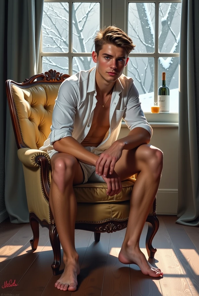 Generates a young slim guy with sexy legs sitting on a chair with his feet up in boxers