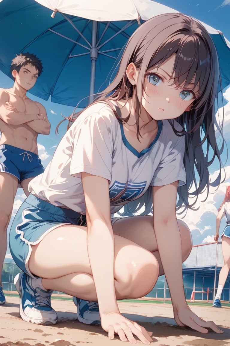 realistic anime, format paysage pour pc 2 560 x 1 440 pixels, 1 adolescent male (homme) et 1 adolescente femelle (femme). Il aime le sport. the girl and dresses in a tight and sporty way, light clothes, elle doit avoir de grosse fesse et jambe, have a large chest but be thin, elle aurait les cheveux brun et long, l'homme serait sportif et musclé, mais aurait un sweat. on a les cheveux brun un a les cheveux noirs, les deux ont les yeux bleus, on aime les vêtements de sport, un qui aime les vêtements mignons. JUSTE 1 HOMME ET UNE FEMME PAS 2 FEMME 1 SEULE OK !